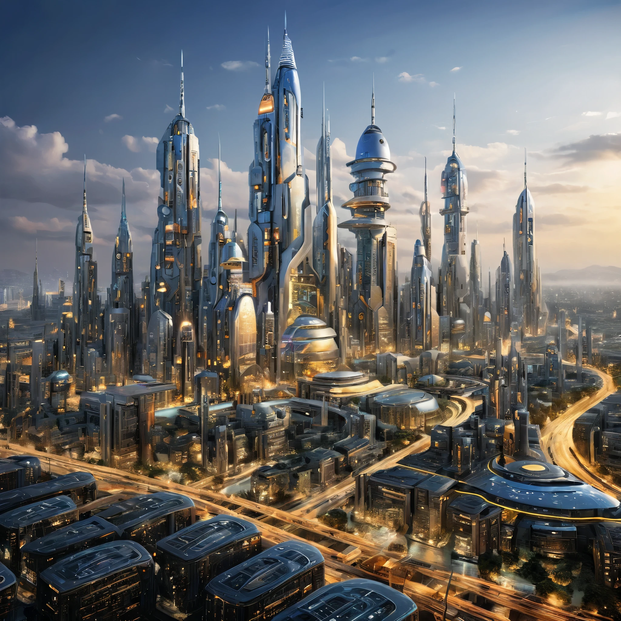 A futuristic city entirely inhabited by robots, with advanced robotic architecture and technology, photorealistic, finely rendered textures, bold coloration.
