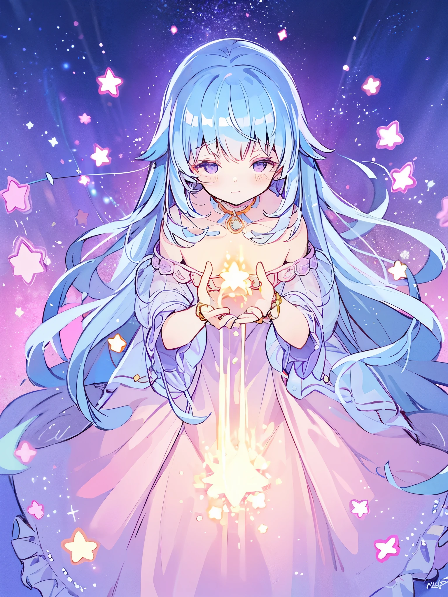 complex background, wishing star background, a woman wearing an ethereal mystical pink translucent dress that reflects the stars, perfume promo art, mystic, complex drawing, highly detailed, Covergirl brand, promo art, artistic rendition, ethereal, starry night, midjourney style