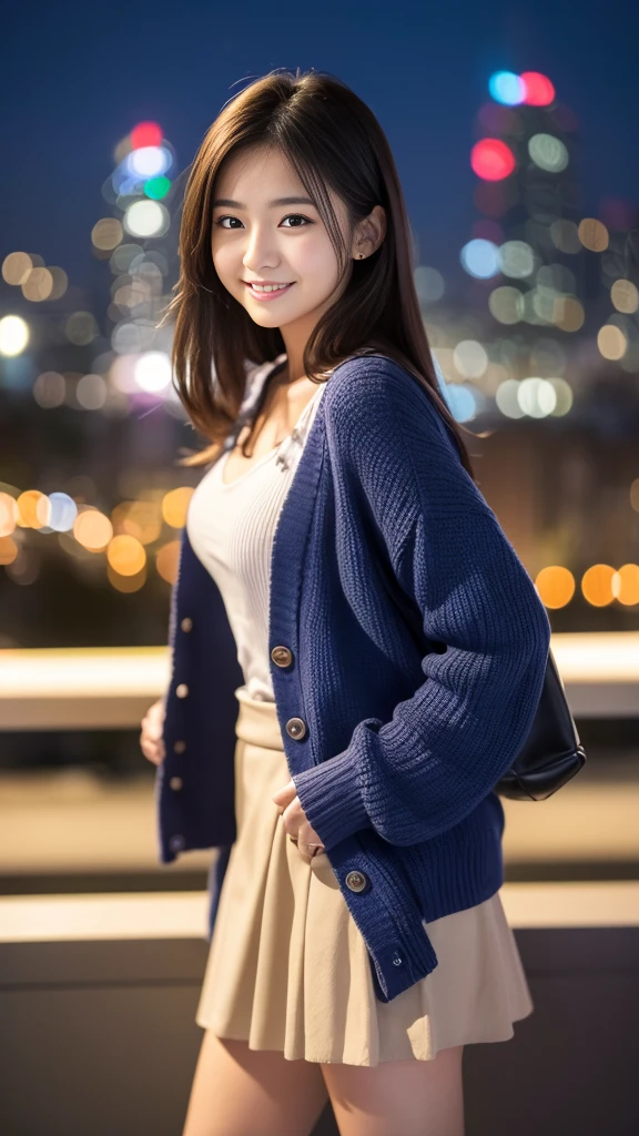 (highest quality,masterpiece:1.3,Ultra-high resolution),(Very detailed,8k),(Realistic:1.4,RAW shooting)。Blurred Background、The best smile。Hair swaying in the wind。A cute,  25-year-old woman、She is wearing a shirt and a skirt。Wearing a knitted cardigan。Standing in the city at night。Night view。