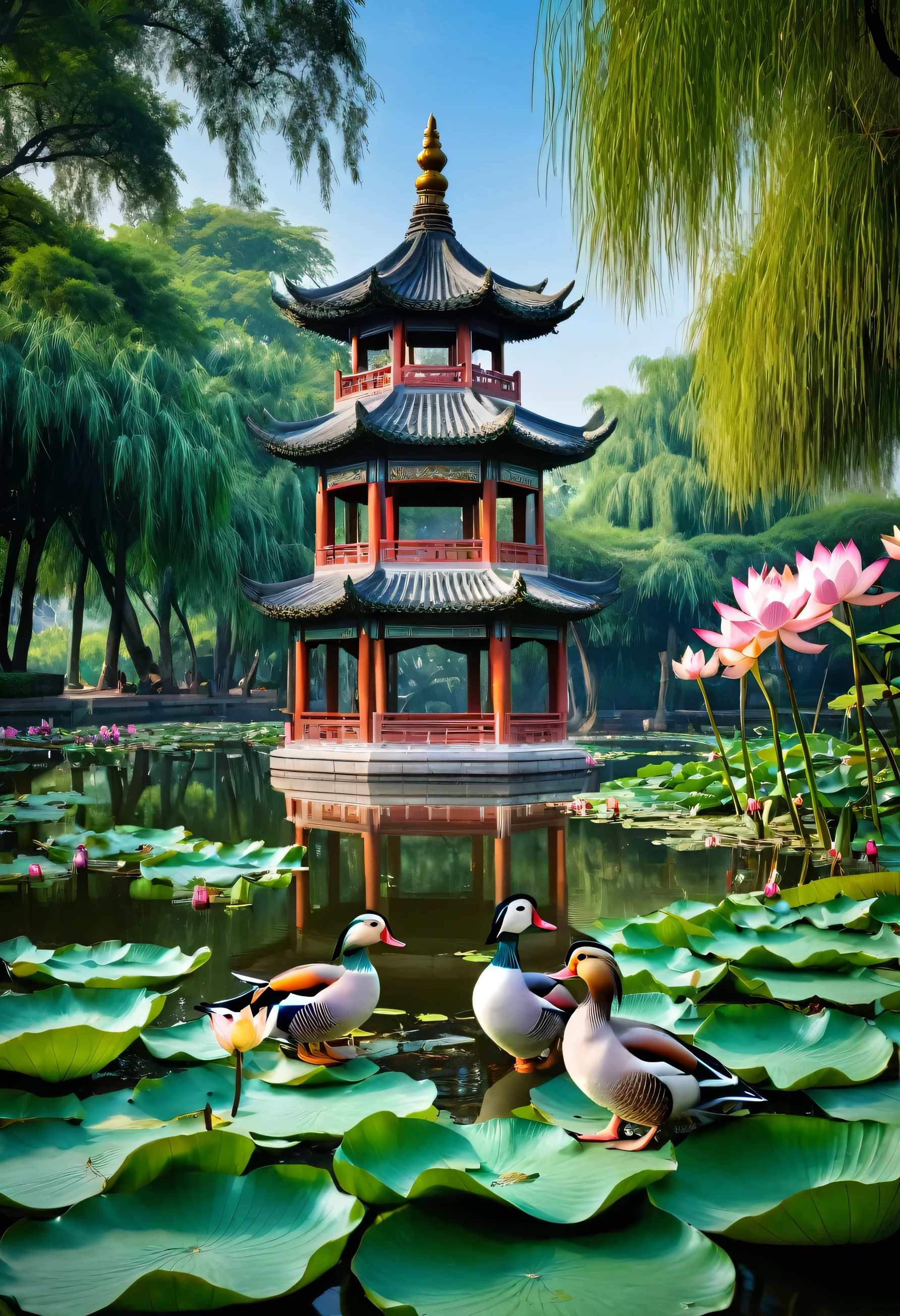 A park,Quiet and elegant park,The antique tower is very beautiful,A pair of mandarin ducks on the water,White mandarin duck,Magpie,Three Magpies chatting,There are lotus flowers on the surface of the water,Lots of lotuses,Pink Lotus,Lotus Leaf,Green Lotus Leaf,8K high-definition photography,International Photography,RAW,