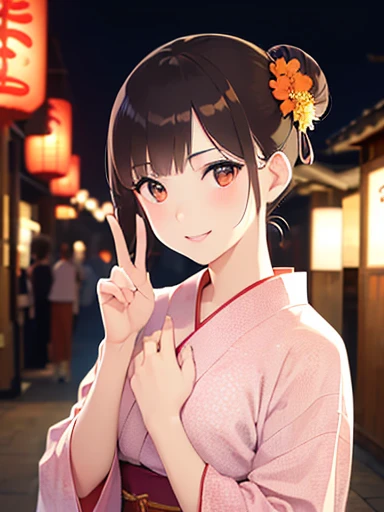 5 biologically correct fingers、Placing hand on face、A close-up of your face、Realistic, Real person, (Pale skin: 1.2), RAW Photos, Realistic, Shiny skin, Shiny Hair、(25 year old woman with bangs) and (Hair Bun) and (Brown Hair) and (Orange eyes) , (yukata) and (pink) and (Floral)、Embarrassing, smile, The background is the night of a Japanese summer festival.、alone、Are standing