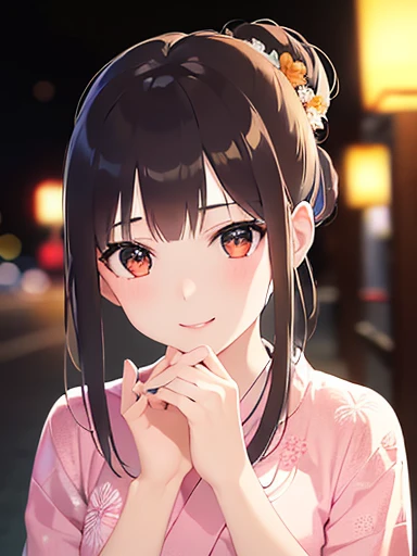 5 biologically correct fingers、Placing hand on face、A close-up of your face、Realistic, Real person, (Pale skin: 1.2), RAW Photos, Realistic, Shiny skin, Shiny Hair、(25 year old woman with bangs) and (Hair Bun) and (Brown Hair) and (Orange eyes) , (yukata) and (pink) and (Floral)、Embarrassing, smile, The background is the night of a Japanese summer festival.、alone、Are standing