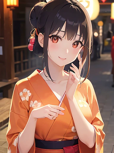 5 biologically correct fingers、Placing hand on face、A close-up of your face、Realistic, Real person, (Pale skin: 1.2), RAW Photos, Realistic, Shiny skin, Shiny Hair、(25 year old woman with bangs) and (Hair Bun) and (Brown Hair) and (Orange eyes) , (yukata) and (pink) and (Floral)、Embarrassing, smile, The background is the night of a Japanese summer festival.、alone、Are standing