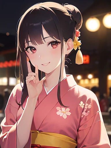 5 biologically correct fingers、Placing hand on face、A close-up of your face、Realistic, Real person, (Pale skin: 1.2), RAW Photos, Realistic, Shiny skin, Shiny Hair、(25 year old woman with bangs) and (Hair Bun) and (Brown Hair) and (Orange eyes) , (yukata) and (pink) and (Floral)、Embarrassing, smile, The background is the night of a Japanese summer festival.、alone、Are standing