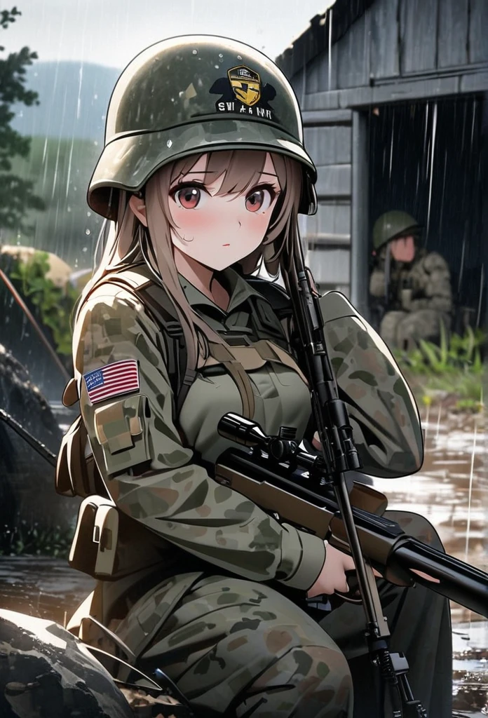 High quality, high definition, high precision images,8k Full HD.1 girl.America,army Modern soldier,sniper rifle,Put on a helmet,(camouflage) 、small hill,it's raining,、rifle over your shoulder 、Taking shelter from the rain in an abandoned hut、one rabbit Sitting looking at the camera,
