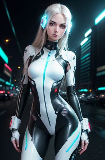 ((imagen de cuerpo completo de la mujer)), leotardo sexy blanco, Cybernetic body parts of the very malnourished anorexic woman (motocicleta futurista) posando levemente de atras, Ciudad Cyberpunk , luces de neon,