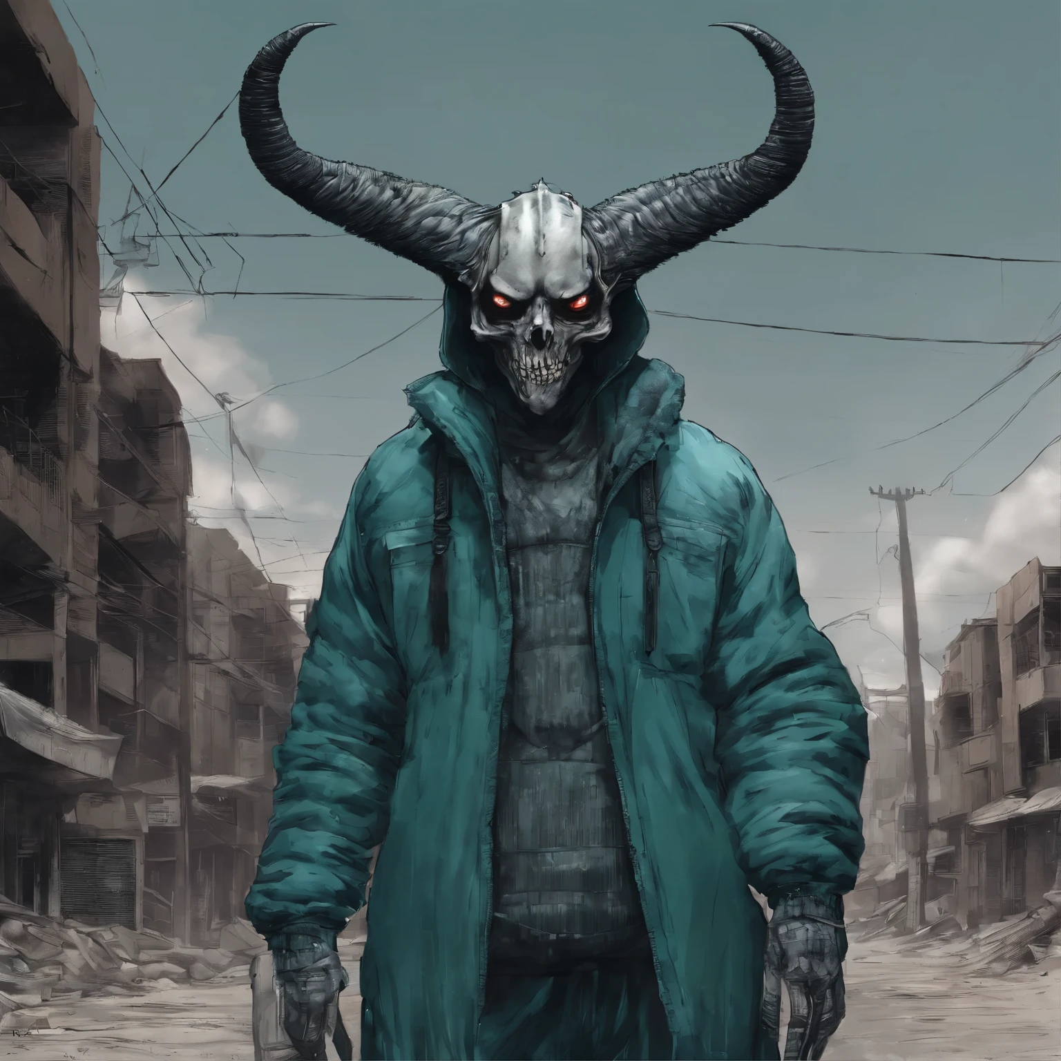 nijilorahorn a pertty nijiboy with crystal - clear horns, wearing blue - green skiwear, twintails, big beautiful ODD eyes, big warm grin, On the streets of a cyberlunk desert city