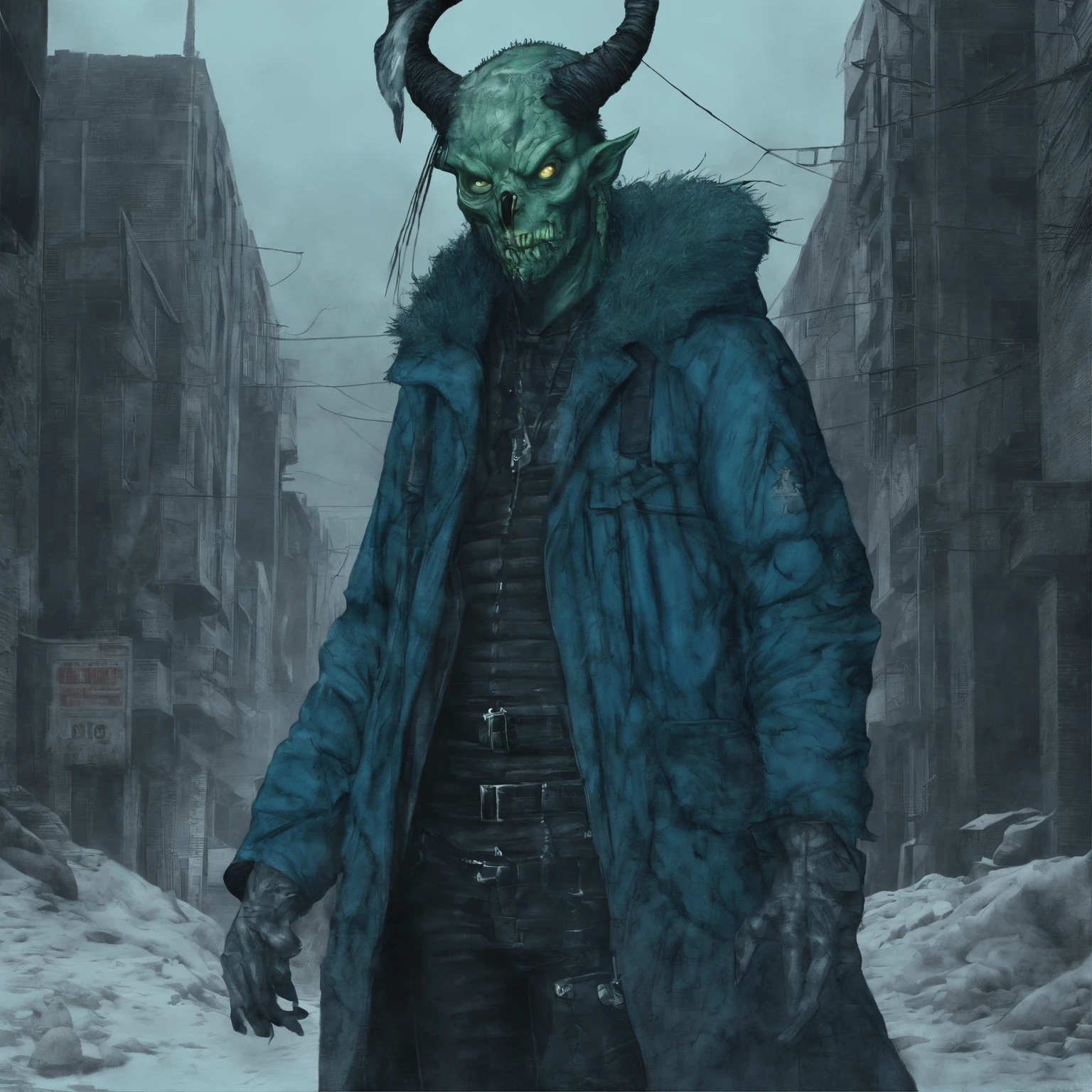 nijilorahorn a pertty nijiboy with crystal - clear horns, wearing blue - green skiwear, twintails, big beautiful ODD eyes, big warm grin, On the streets of a cyberlunk desert city