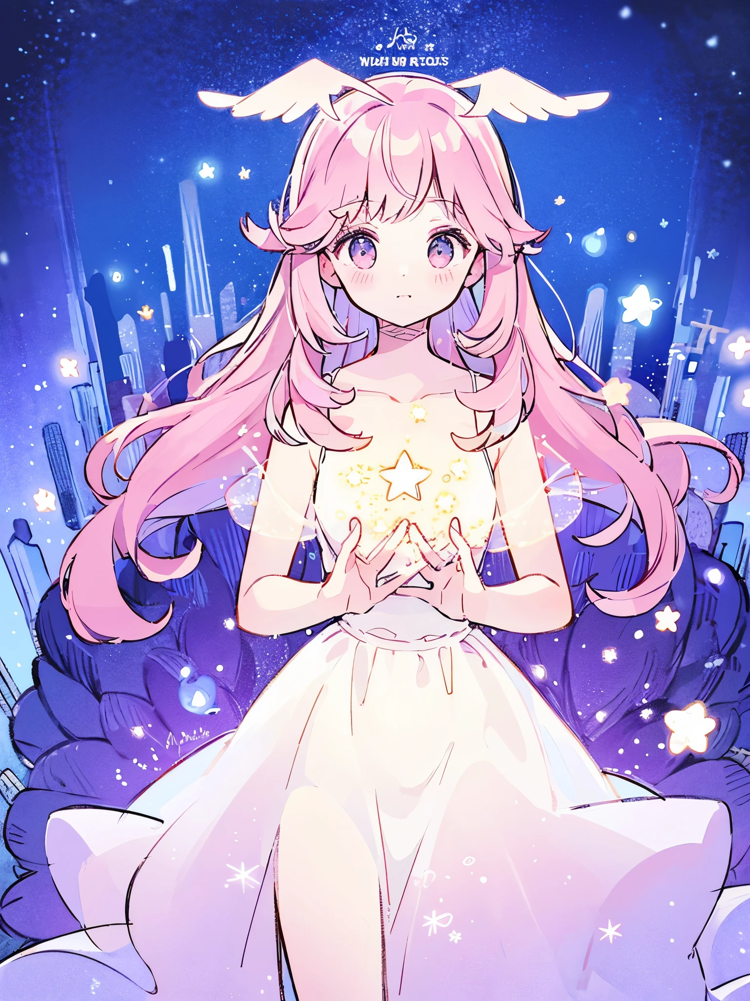 complex background, wishing star background, a woman wearing an ethereal mystical pink translucent dress that reflects the stars, perfume promo art, mystic, complex drawing, highly detailed, Covergirl brand, promo art, artistic rendition, ethereal, starry night, midjourney style