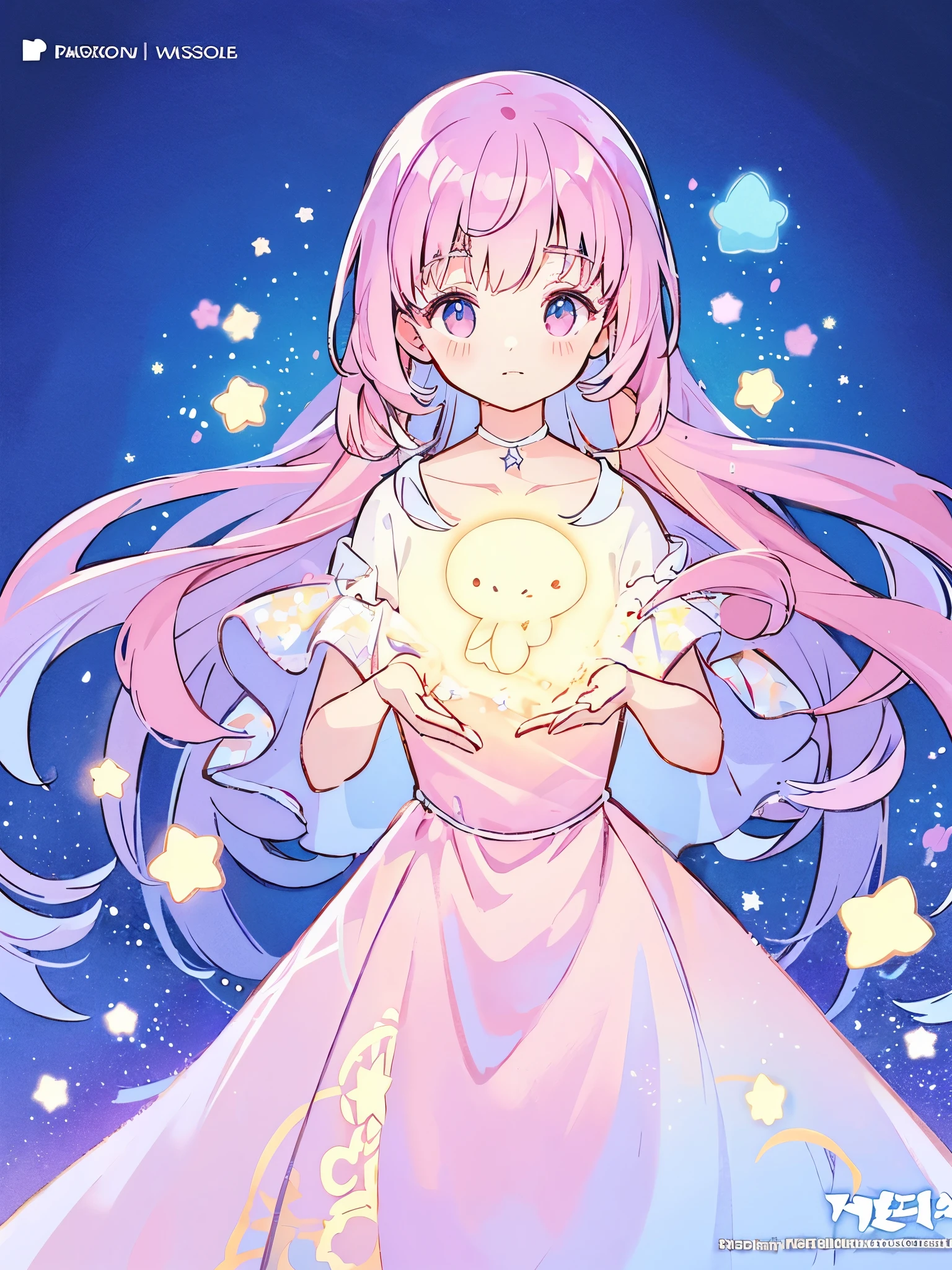complex background, wishing star background, a woman wearing an ethereal mystical pink translucent dress that reflects the stars, perfume promo art, mystic, complex drawing, highly detailed, Covergirl brand, promo art, artistic rendition, ethereal, starry night, midjourney style