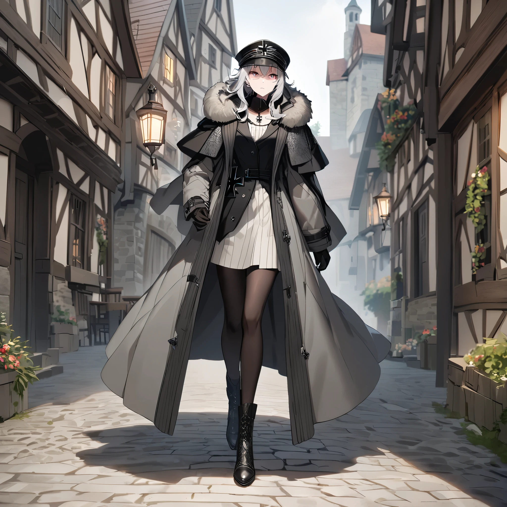 A woman wearing a luxurious gray cold-weather coat, black tights, black military hat, long black cape, long silver hair, burgundy eyes, serious face, full body, black gloves, German iron cross necklace, walking on a stone sidewalk luxurious medieval, in a traditional German town,
