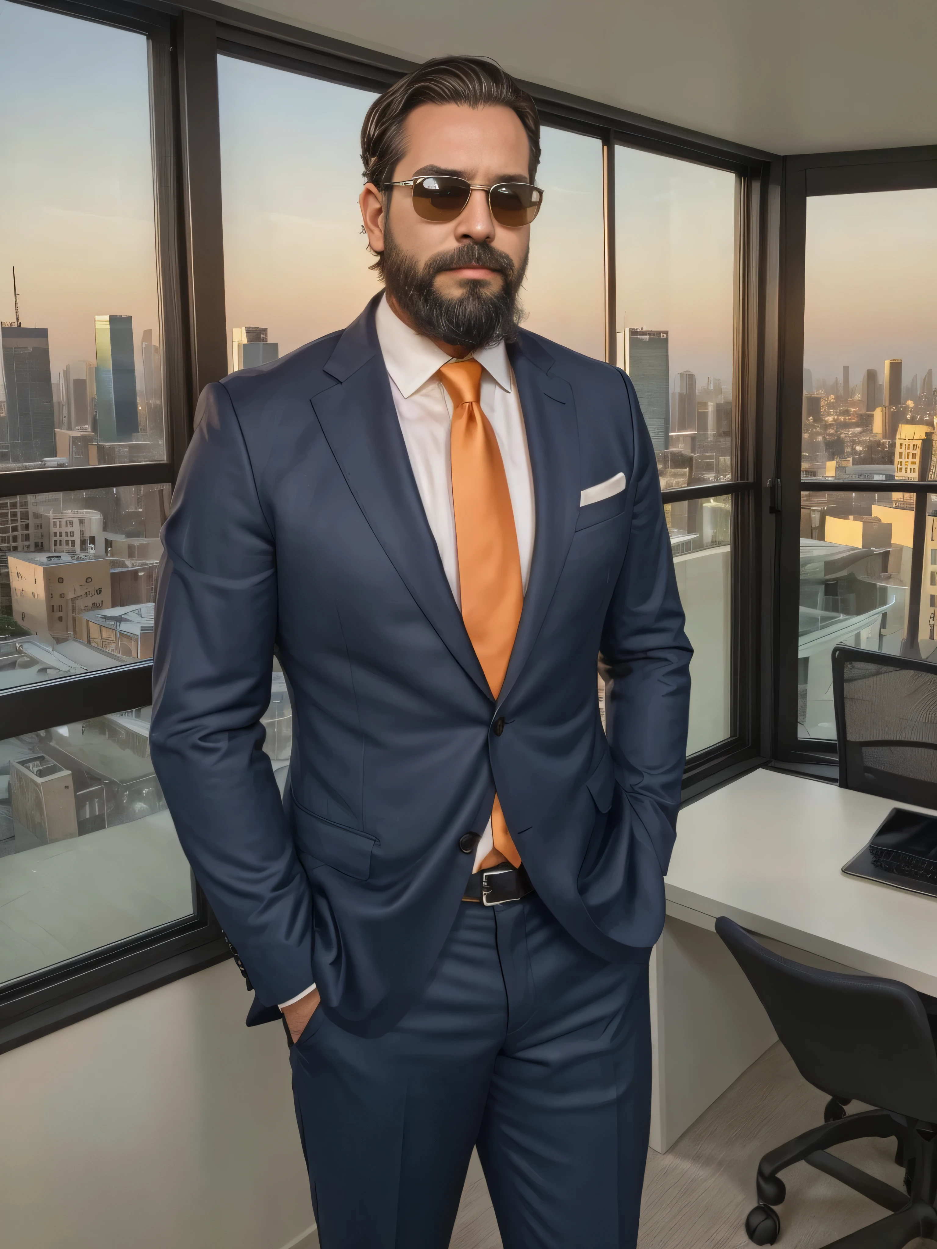 {
"prompt": "A very masculine 38-year-old man with a beard and wearing dark sunglasses, shown in a medium close-up shot displaying the upper part of his body. He is dressed in a modern, fitted navy blue suit with a crisp white shirt, no tie. The background is a sleek, high-tech office with large glass windows overlooking a city skyline at sunset, with warm golden and orange hues filling the scene. The man's posture is confident and relaxed, with his hands casually in his pockets. His well-groomed beard and stylish attire convey a sense of professionalism and sophistication, while the vibrant city lights outside add a dynamic and contemporary feel to the image.",
"size": "1024x1024"
}