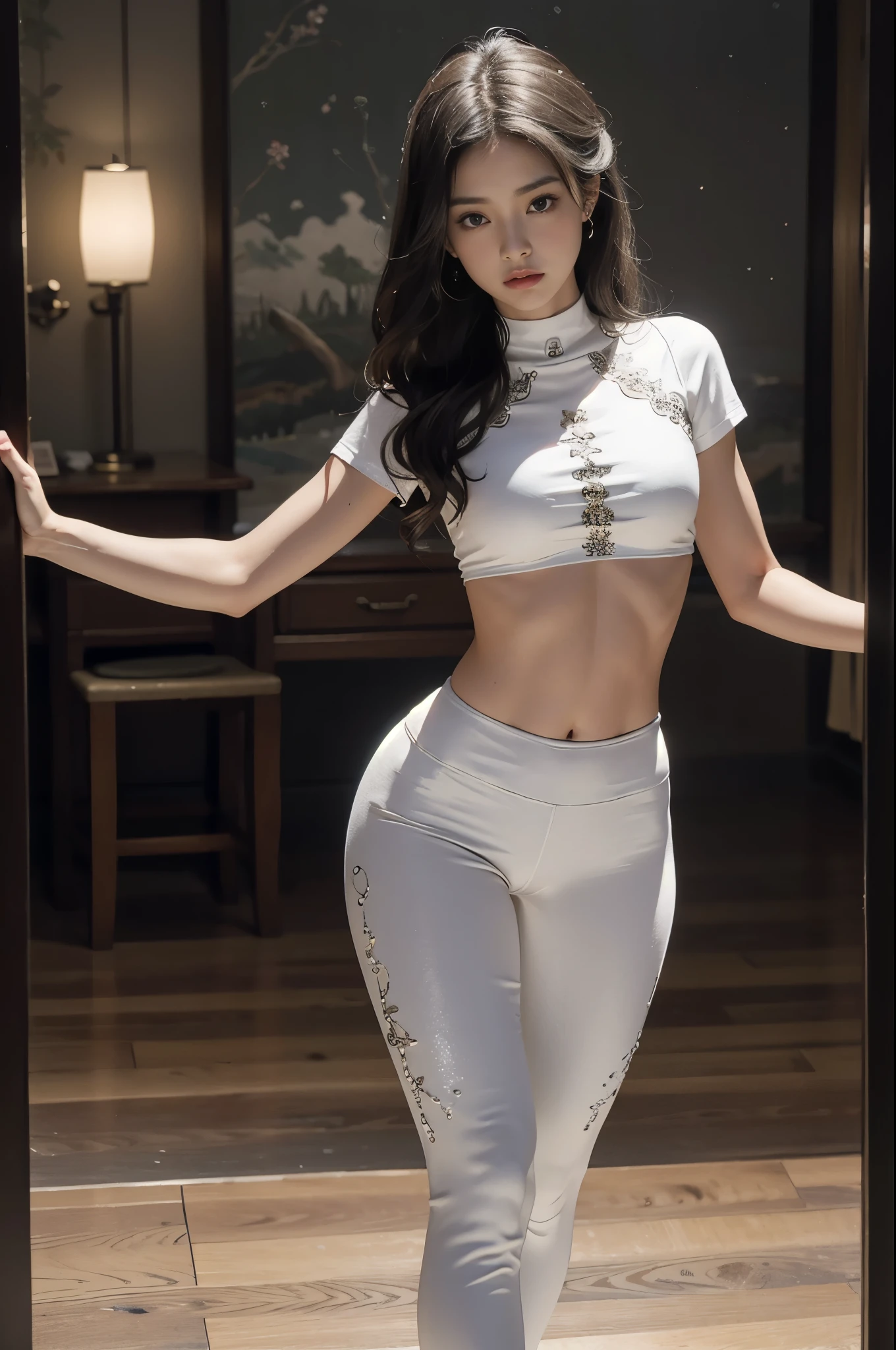 (Surreal), (figure), (High resolution), (8k), (Very detailed), (best figure), (Beautiful fine details), (highest quality), (Very detailed), (masterpiece), (wallpaper), (Detailed face), alone, 1 girl, White Wavy Hair,T-shirt with a flashy design、Leggings underneath, Latin Dance, Small mole under eye, Long legs, Toned Abs, No chest leakage, Background dance room, Are standing