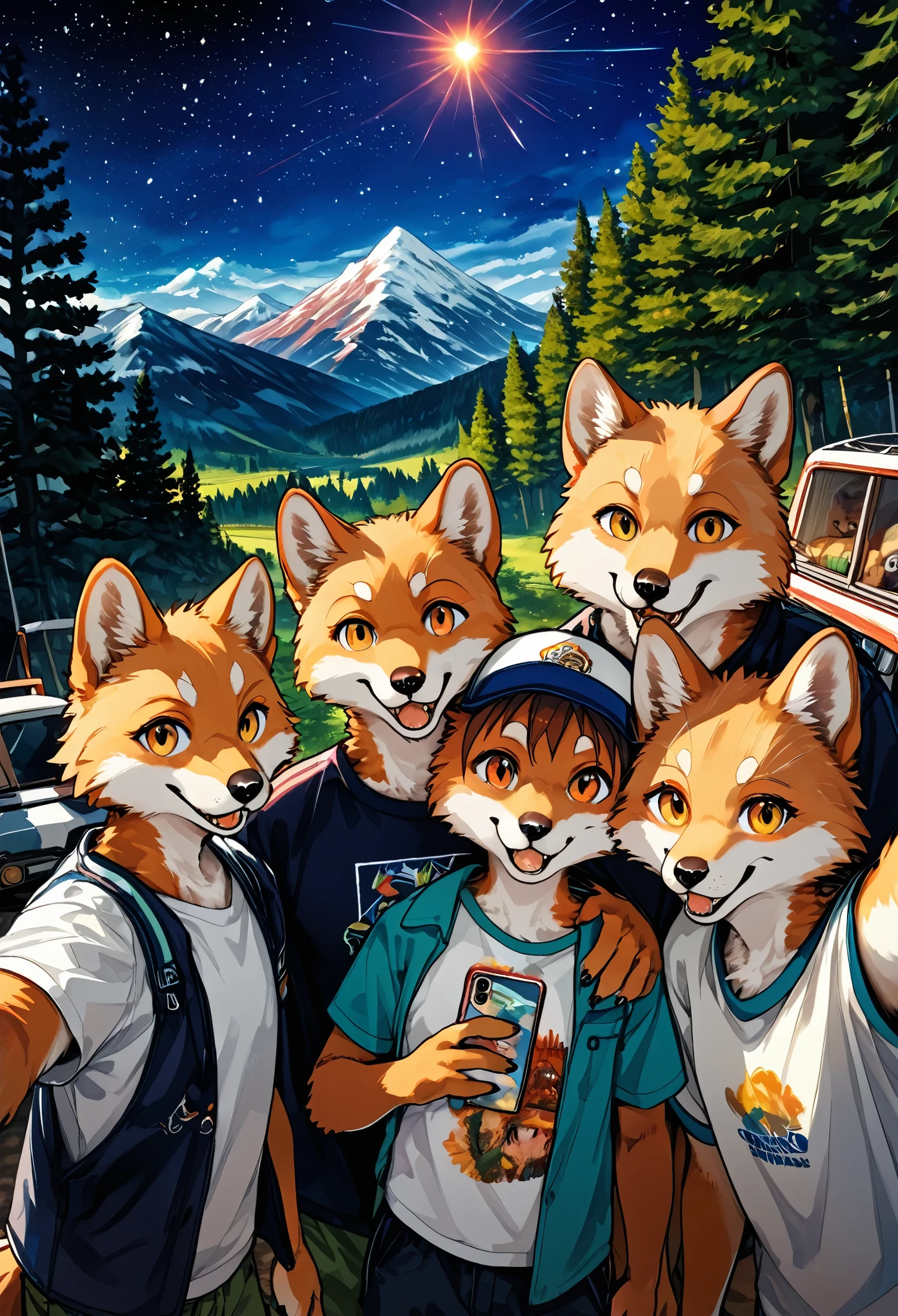 top quality, best quality, High-quality illustrations, masterpiece, super high resolution, detailed background, detailed background, Campsite in the mountains, group shot, 1boy, 1birl, camp-fire, night sky, absurdres(highly detailed beautiful face and eyes)perfect anatomy(Photo of family trip)(kemono, furry anthro)selfie,