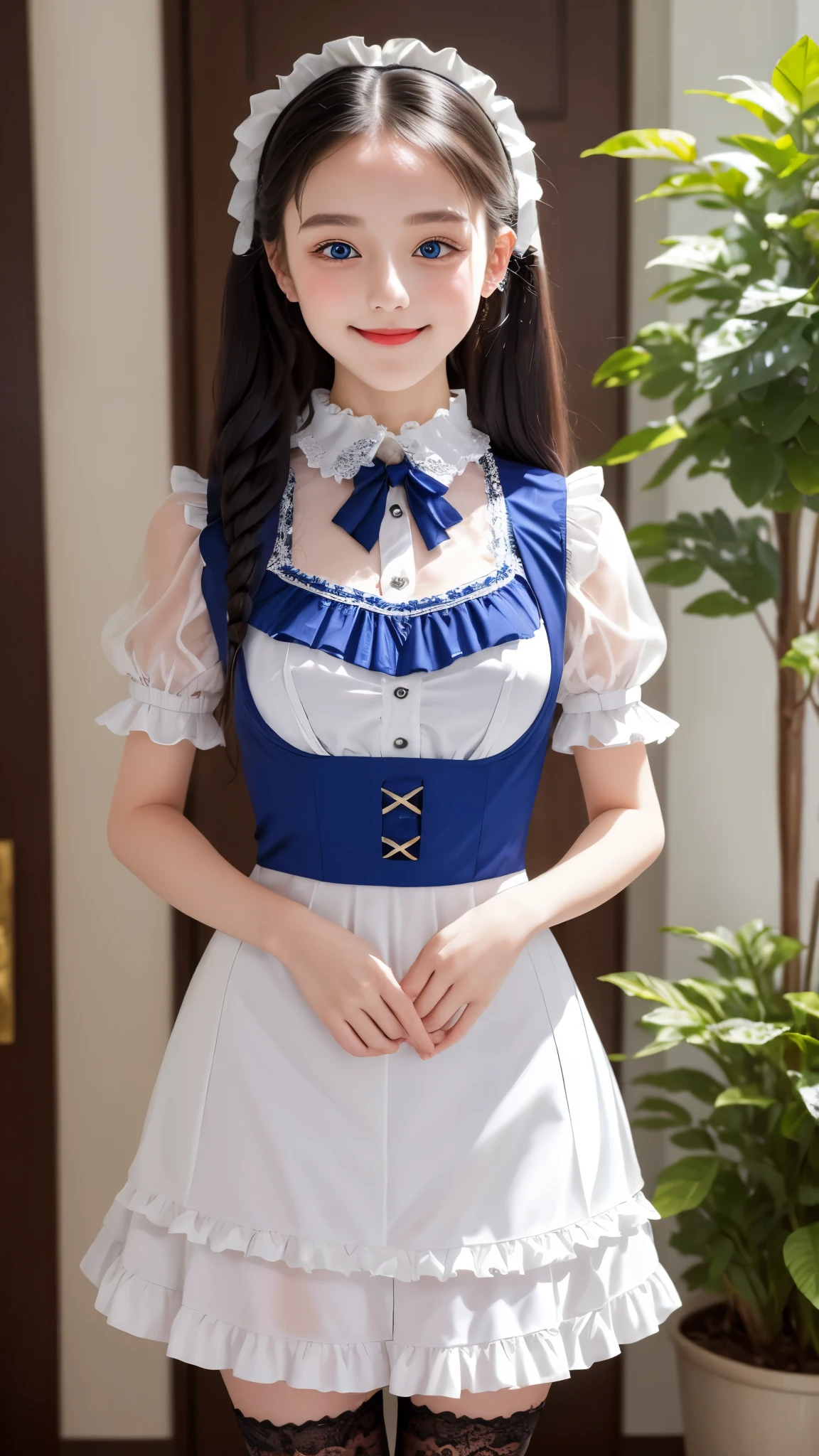 ((masterpiece)), ((highest quality、Ultra high definition)), (Very detailed),8K、(Photo quality)、(((Amazingly cute girl))), -yeld gi (Beautiful sapphire blue eyes), ((smile)),White skin、Glossy lips、In the spacious lobby of a huge, ultra-luxurious resort hotel, Beautifully arranged black hair in twin tails、Lace fabric ribbon、whole body、(Slim figure)、((Super high-end white see-through summer gothic lolita maid costume、A super mini skirt with lots of frills))、Professional Lighting、(White lace knee-highore detailed and beautiful)、(More details and cutenesore realistic)、(((Ultimate cuteness in every way)))、