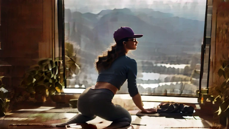 brunette ssbbw wearing leggings and a hoodie with glasses and a baseball cap stuck in the washing machine, view from behind