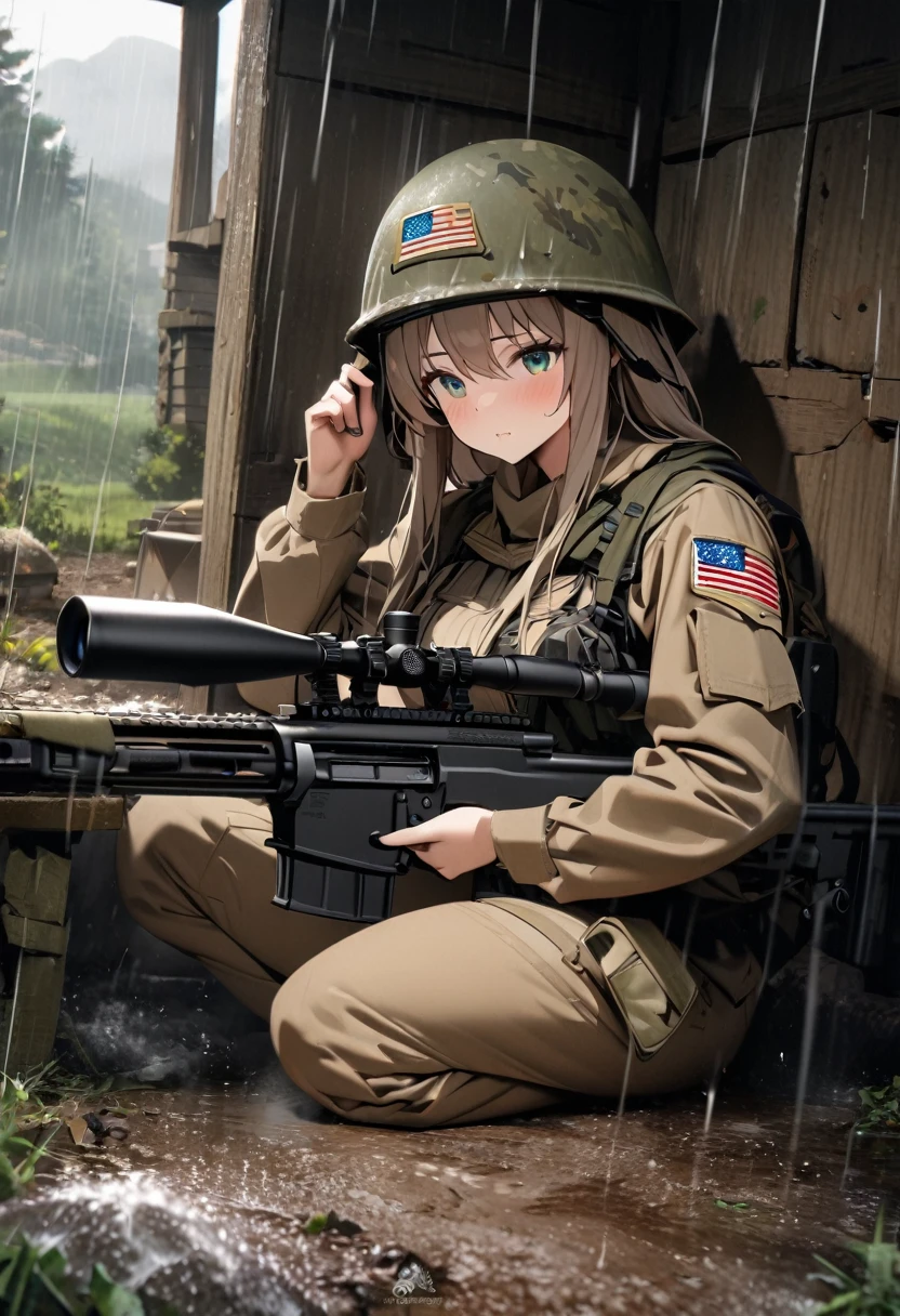 High quality, high definition, high precision images,8k Full HD.1 girl.America,army Modern soldier,sniper rifle,Put on a helmet,(camouflage) 、small hill,it's raining,、rifle over your shoulder 、Taking shelter from the rain in an abandoned hut、one rabbit Sitting looking at the camera,