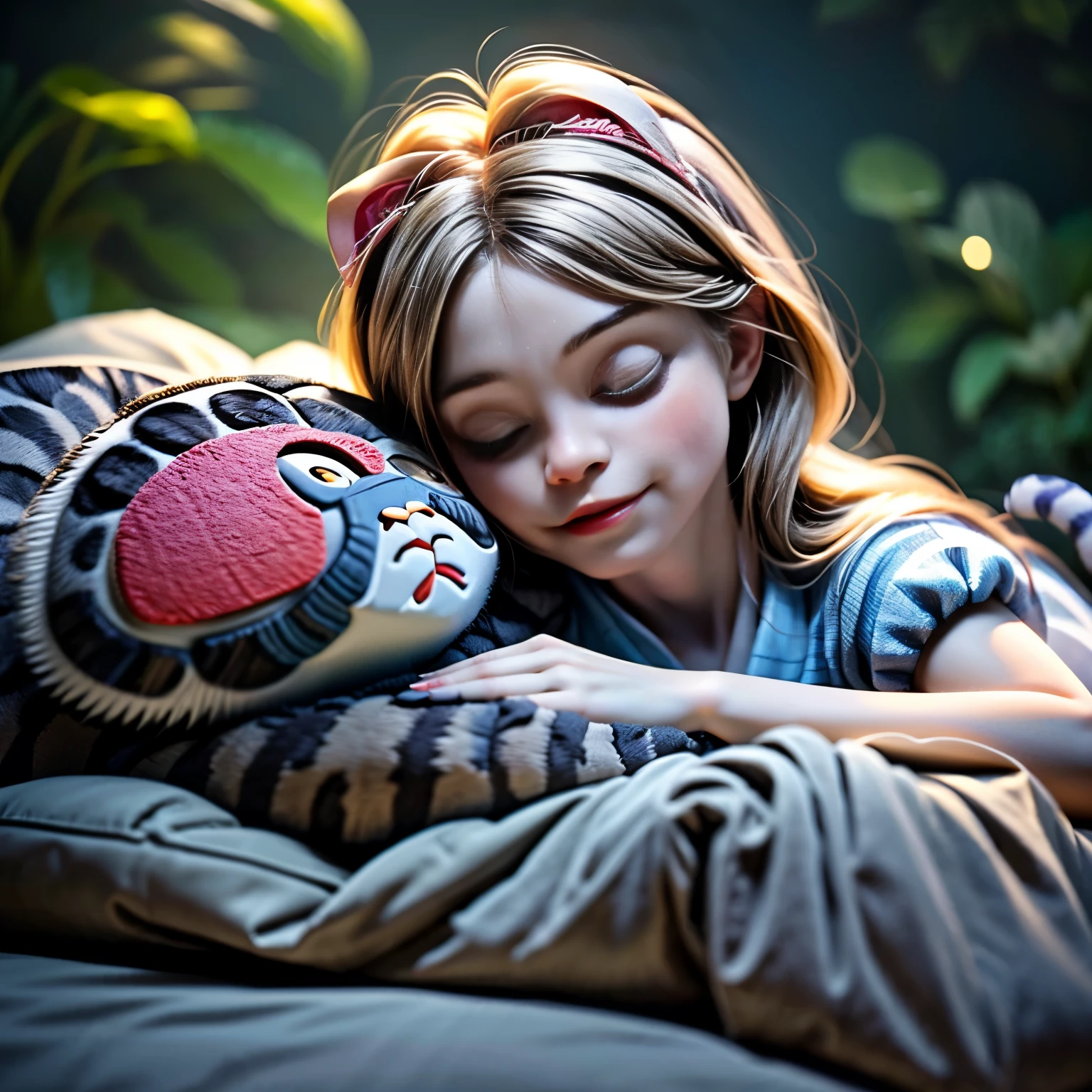 Fantasy、Alice in Wonderland、Couple、A girl and a giant Cheshire cat、(Giant Cheshire Cat:1.9)To(Girl sleeping leaning against:1.５)、Forest Background、Beautiful detailed eyes、Beautiful detailed lips、非常To詳細な顔と特徴、Long eyelashes、Cinematic lighting、Dramatic lighting、Bright colors、Fantasy、Surreal、dream-like、(highest quality、4k、8k、High Resolution、masterpiece:1.2)、Super detailed、(Real、Photorealistic、Photorealistic:1.37)、