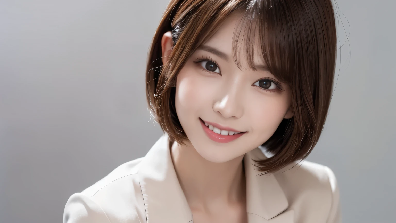 (Very detailed CG Unity 8k wallpaper, highest quality, Very detailed, Looking at the camera:1.2, The light shines on your face:1.5, Gray background, Professional Lighting), Japan female, 26 years old, Upper body composition with brightly lit face. She has an oval face, Soft arched eyebrows, bright expressive eyes,, pronounced nose, And a friendly smile. Her hair is shoulder-length, straight, Dyed a light chestnut color. She is wearing a smart casual blouse, Probably soft colors, Paired with a chic blazer, Embody her lively and sociable personality
