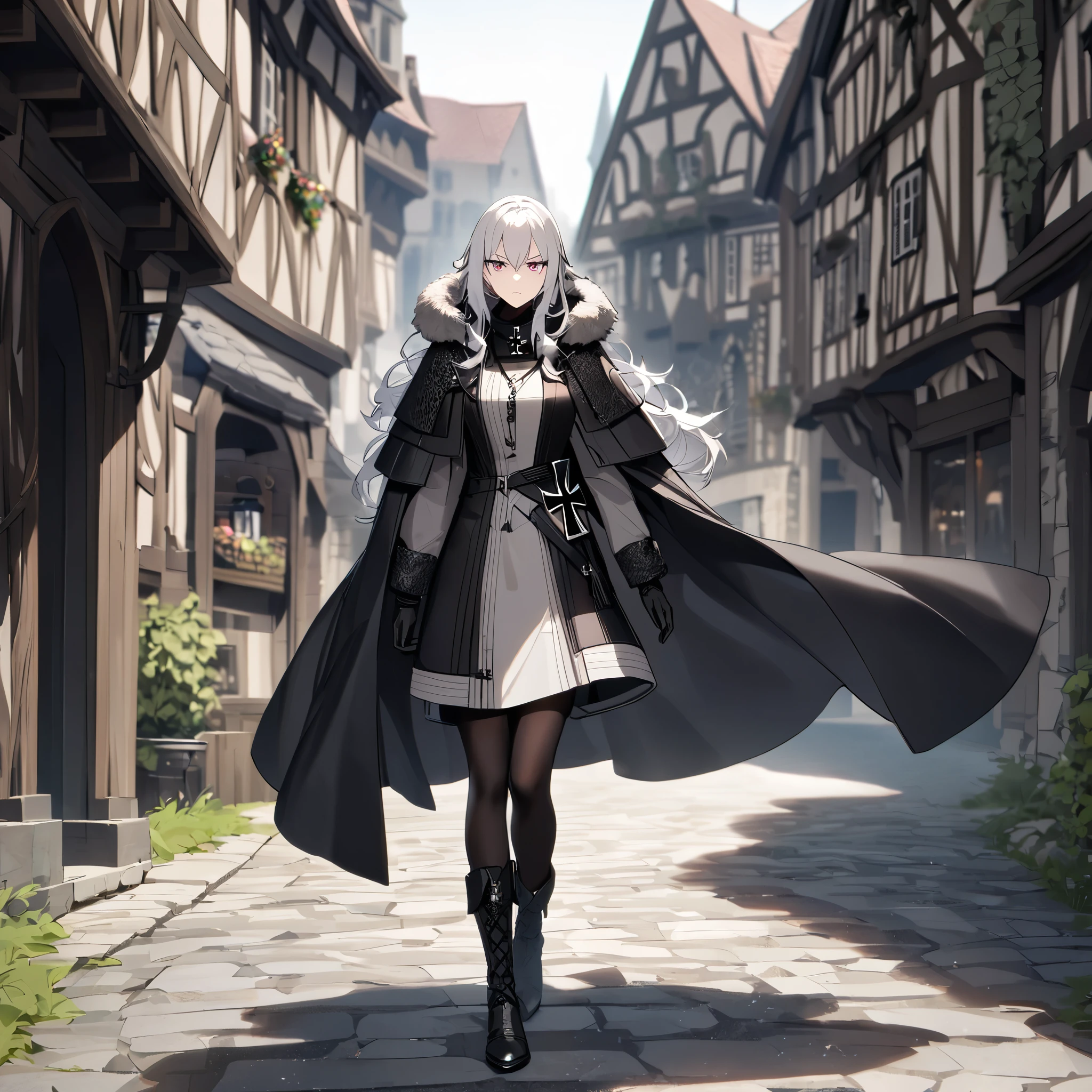 A woman wearing a luxurious gray cold-weather coat, black tights, black military hat, long black cape, long silver hair, burgundy eyes, serious face, full body, black gloves, German iron cross necklace, walking on a stone sidewalk luxurious medieval, in a traditional German town,
