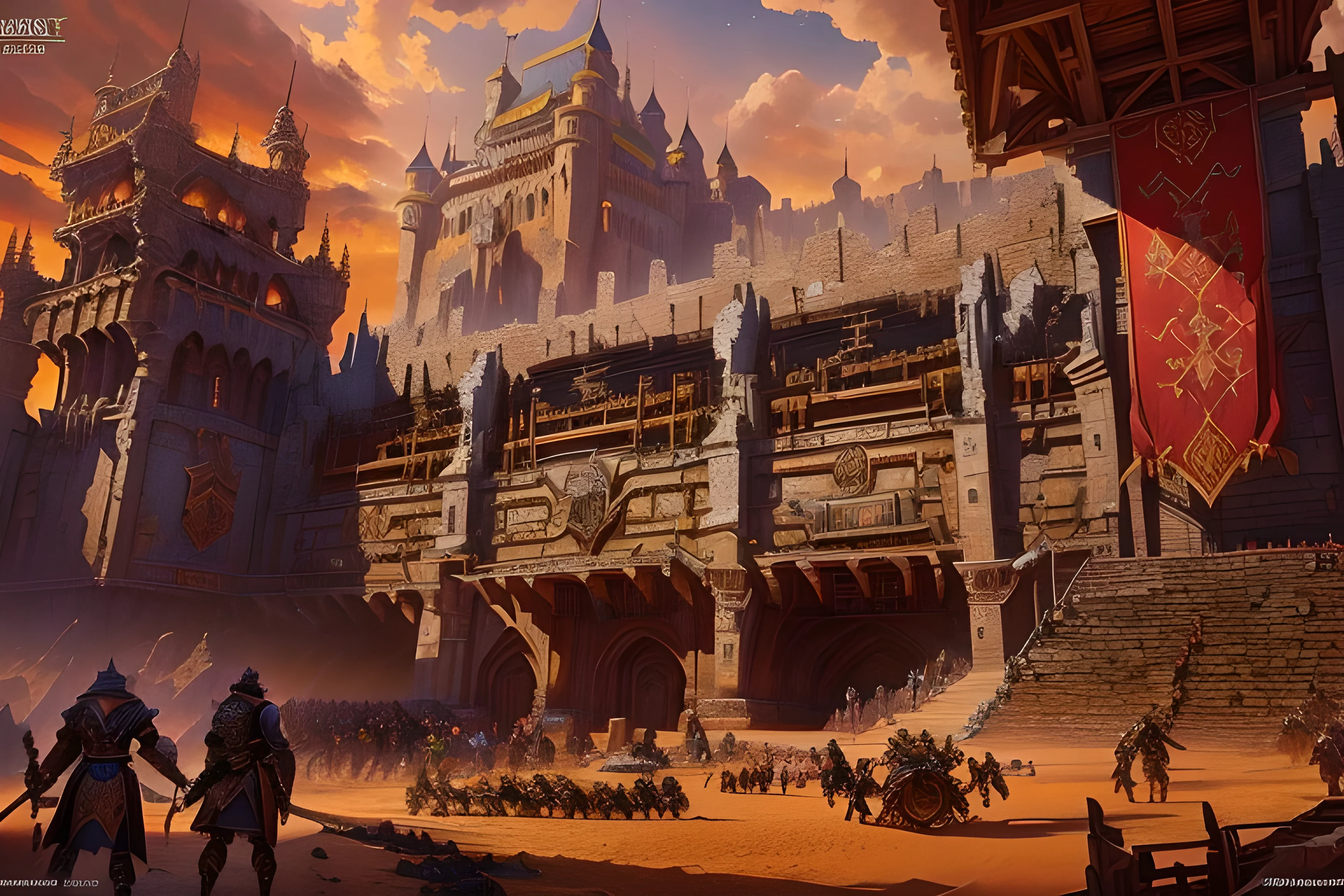 World of Warcraft Scenes，World of Warcraft game scene，Close-up of a painting，There is a castle in the painting，There are a lot of people inside, Details of sand dunes, Warhammer fantasy setting, Huge castle wall, Complex concept art painting, Very detailed d & Art, big and structured valhalla city, a gigantic wall, Baldur&#39;s Gate is complex, &#39;Red Castle, Medieval Concept Art, Detailed Game Art Illustrations，World of Warcraft