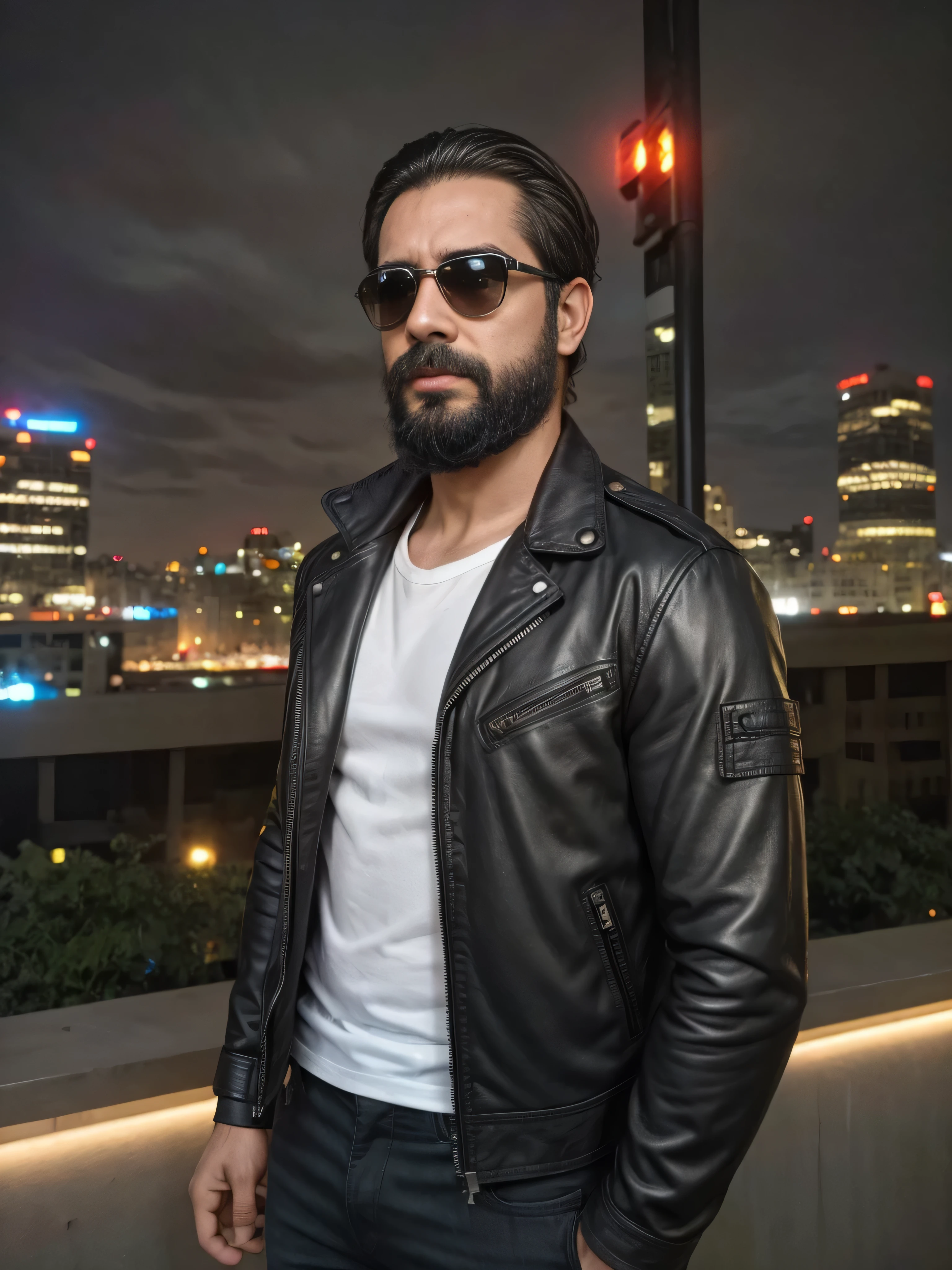 a man with a beard and sunglasses wearing a black leather jacket over a white t-shirt, standing in a modern cityscape at dusk with tall buildings, neon lights, and a cloudy sky, edgy and cool urban nightlife scene, realistic, photorealistic, vivid colors, HDR, detailed facial features, extremely detailed eyes and face, longeyelashes, serious yet approachable expression, high quality, 8k, masterpiece