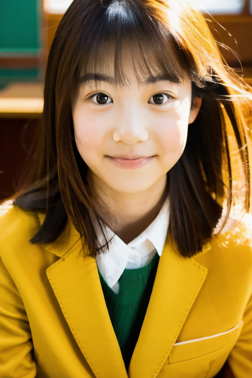 lens: 135mm f1.8, (highest quality),(RAW Photos), (Tabletop:1.1), (Beautiful 16 year old Japanese girl), Cute Face, (Deeply chiseled face:0.7), (freckles:0.4), dappled sunlight, Dramatic lighting, (Japanese School Uniform), (In the classroom), shy, (Close-up shot:1.2), (Serious face),, (Sparkling eyes)、(sunlight)