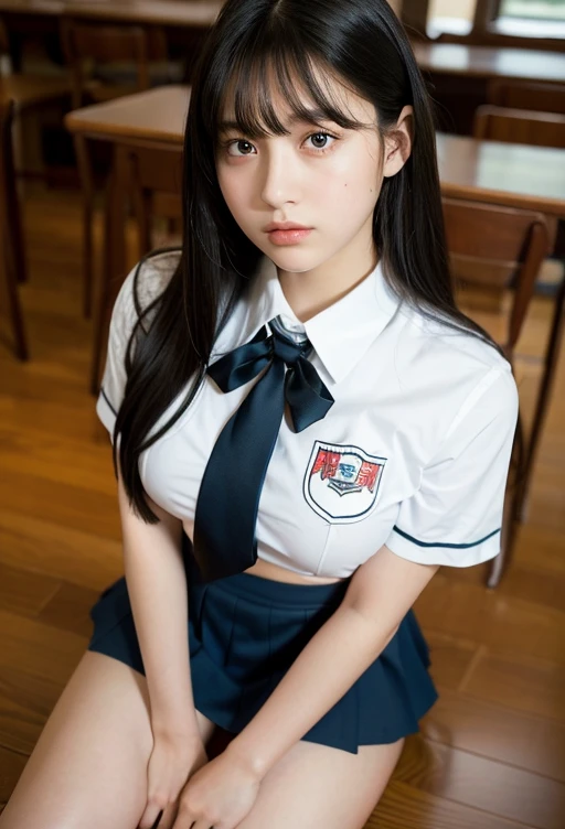 (highest quality, 8k, masterpiece ), An innocent 12-year-old junior high school girl
, Black Hair、Larger breasts、bangs:0.6,グラマーなThighs、Tight uniform:1.3、mini skirt, Highly detailed face, double eyelid, Strong natural light、round face、whole body、Thighs、loafers、round face、Horizontal angle,Side Angle:1.2
