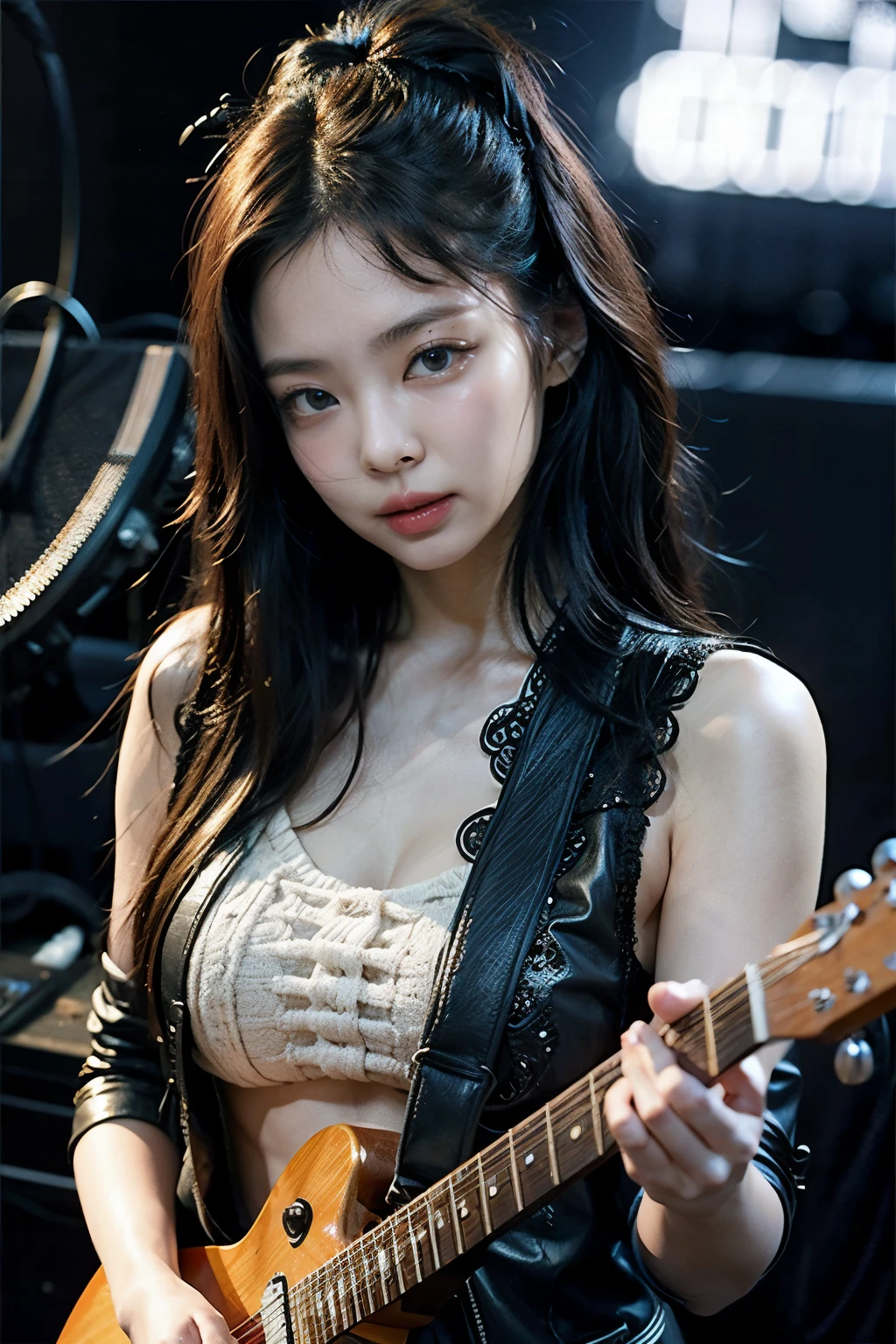 guitarra electrica roja, ropa roja, ropa de estrella, Ropa linda de rock con brillos,Labios rojos, perfect face like a doll, rostro hermoso, guantes negros de rock, estrella,ropa roja rasgada, maquillaje hermoso, kiss band, star, chica linda pero ruda tocando guitarra,Guitarra electrica roja en la mano de la chica,cara hermosa como la de una rockera, cabello suelto ondulado, electronic red guitar, cabello suelto como la de un rockero, chica tocando la guitarra electrica en el piso de un escenario concierto de banda, banda de rock, rock, metal, rock, accesorios de banda, VIBES DE ROCK, de Mötley Crüe rock band,Concert background with beautiful red lights,Girl playing electric guitar, pecho descubierto, piernas descubiertas, muslos gordos, pechos lindos, enormes curvas, mujer con muchas curva, caderas anchas, caderas anchas, brazos tonificados, beautiful woman with a leather jacket, lingerie, cute girl 2), detailed face, , hyperrealistic, 8k, (best quality:1.2), (detail:1.1), (photorealistic:1.25), highly detailed facial features, high fashion, moody, nice , pretty face, cute, Short black hair, Short hair, very wide hips, medium and cute breasts, beautiful lips, cute face, seductive but innocent, slightly exposed chest, cute clothes, Juicy and provocative lips, short and cute clothes, shy but seductive attractive eyes and sexy pose, Super wide hips, big breasts, small waist, voluminous and slightly rebellious hair,