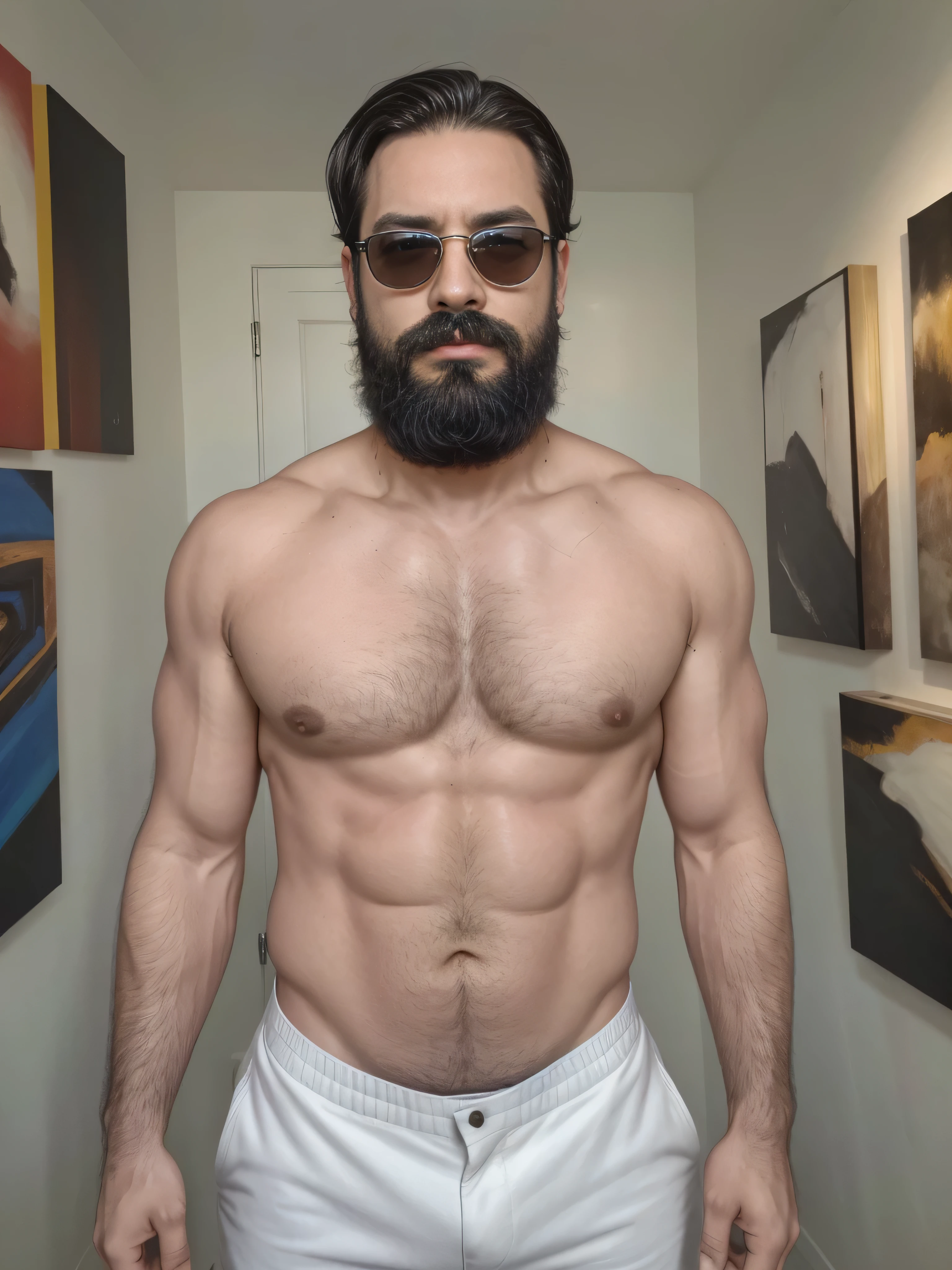 {
"prompt": "A very masculine 38-year-old man with a beard and wearing dark sunglasses, shown in a medium close-up shot displaying the upper part of his body. He is wearing a sleek black turtleneck sweater, giving him a sophisticated and artistic look. The background is an art gallery with modern abstract paintings on the walls, and soft, warm lighting that highlights the artworks. The man's posture is confident and composed, with his hands clasped in front of him. His well-groomed beard and stylish attire exude an air of creativity and intellect, perfectly complementing the artistic environment around him.",
"size": "1024x1024"
}