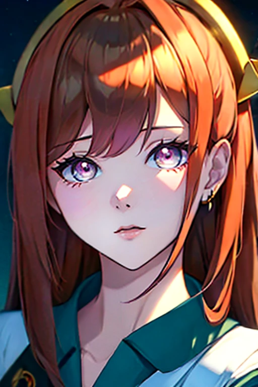 This is a high definition anime portrait (8K) que presenta a una chica ojos verdes que destacanm con curvas prominentes y una gargantilla, looking directly at the camera. Su cabello es una mezcla vibrante de rojo por fuera y por dentro violeta, con patrones y un brillo estelar que sugiere un fondo espacial y estrellado.