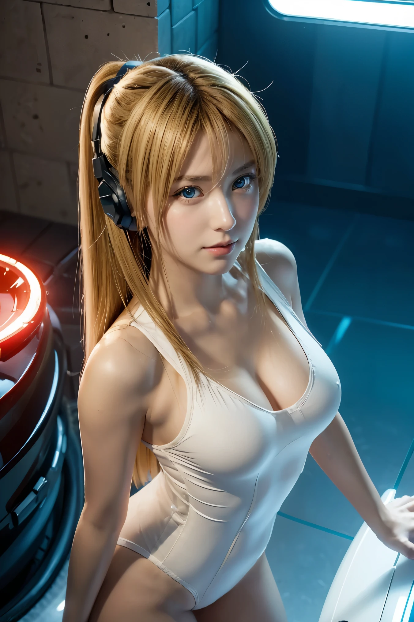 (Overhead view),dynamic angle,ultra-detailed, illustration, close-up, straight on, 1girl, ((souryuu asuka langley, interface headset, red bodysuit:1.4, blonde)),Her eyes shone like dreamy stars,(glowing eyes:1.233),(beautiful and detailed eyes:1.1),(expressionless,closed mouth),(standing), (mechanic room with toolsand spaceship windowin a white SPACESHIP), (night:1.2),dreamy, [[delicate fingers and hands:0.55]::0.85],(detail fingers),