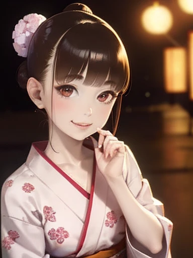5 biologically correct fingers、Placing hand on face、A close-up of your face、Realistic, Real person, (Pale skin: 1.2), RAW Photos, Realistic, Shiny skin, Shiny Hair、(25 year old woman with bangs) and (Hair Bun) and (Brown Hair) and (Orange eyes) , (yukata) and (pink) and (Floral)、Embarrassing, smile, The background is the night of a Japanese summer festival.、alone、Are standing