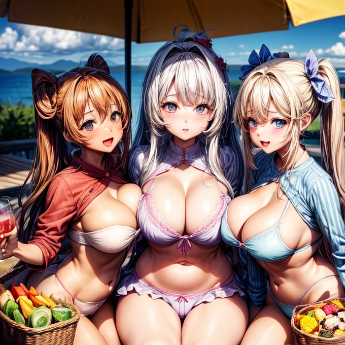 Ultra HD、Ultra high definition、Noise Reduction、perfection、picnic、((Bento、drink))、table、Three Girls、Casual clothing、Full body photo、Group photo、multiple、Camel Toe、Giant tit、Nipple Puffs、Cleavage、Plump、Super big breasts、Super big butt、sun、Gentle Breeze、Blue Sheet