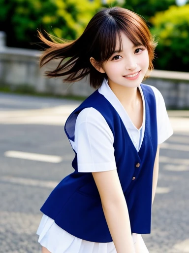 masterpiece, highest quality, High resolution, wallpaper, Realistic, Bright lighting, Professional Lighting, Face Light, Smooth lighting, Japanese Girls, ((Whole body 1.4)),Are standing, 15 years old,cute, smile, beautiful girl, gravure, sexy, so beautiful, Beautiful Skin, Beautiful and exquisite、Detailed face、slim、Moderate, short hair, (run and jump)、Schoolyard、Cheerfully、smile、skip、Teenage Girls Japanese Realisticな 10 generations Background Blur、Sailor suit、blue sky