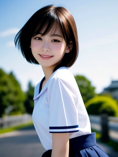 masterpiece, highest quality, High resolution, wallpaper, Realistic, Bright lighting, Professional Lighting, Face Light, Smooth lighting, Japanese Girls, ((Whole body 1.4)),Are standing, ,cute, smile, beautiful girl, gravure, sexy, so beautiful, Beautiful Skin, Beautiful and exquisite、Detailed face、slim、Moderate, short hair, (run and jump)、Schoolyard、Cheerfully、smile、skip、Teenage Girlpanese Realisticな 10 generations Background Blur、Sailor suit、blue sky