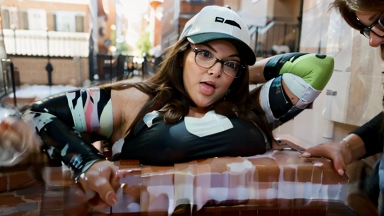 brunette curvy ssbbw wearing leggings and a tank top with glasses and a baseball cap stuck in the chimney she is desperately trying to get herself out of it