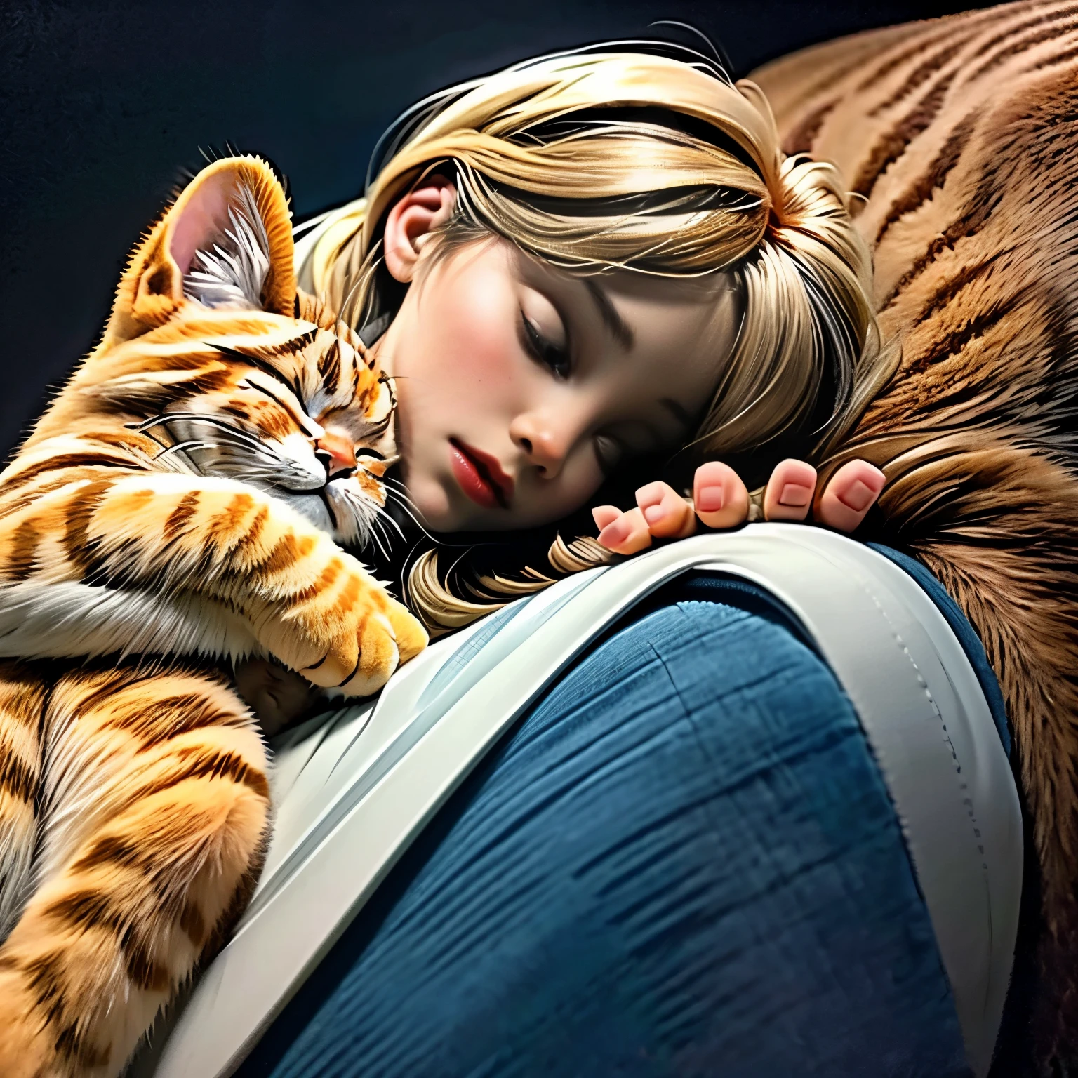 Fantasy、Alice in Wonderland、Couple、Girl and(Giant Orange Tabby:1.9)、(A girl sleeping while leaning against an orange tabby:1.５)、Forest Background、Beautiful detailed eyes、Beautiful detailed lips、Highly detailed faces and features、Long eyelashes、Cinematic lighting、Dramatic lighting、Bright colors、Fantasy、Surreal、dream-like、(highest quality、4k、8k、High Resolution、masterpiece:1.2)、Super detailed、(Real、Photorealistic、Photorealistic:1.37)、celestecat