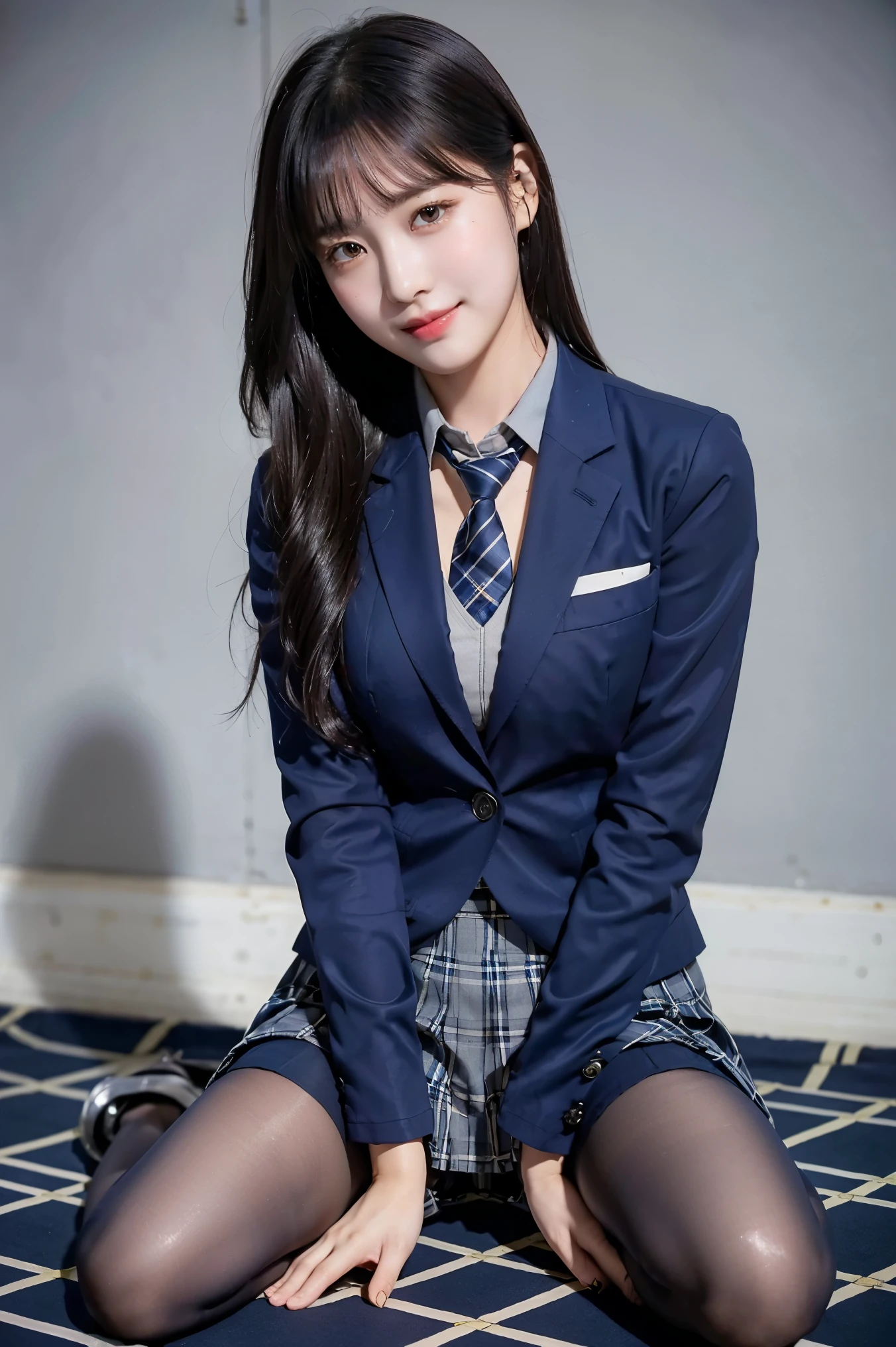 (8k), (highest quality: 1.2), (Realistic), (Realistic: 1.37), Ultra-high resolution, (1 girl), cute, blush,Embarrassed smile, Beautiful details, Beautiful Nose, Wet Hair, Giant Dulcefo, pork, Thighs，Self Snap,University Uniforms,(A simple navy blue blazer:1.4),(Pleated skirt:1.2),(The skirt and tie are gray tartan check pattern.:1.3),(Sitting:1), Sit on the ground,(Hold my feet:1),(Shiny Pantyhose:1.2),from the front,knees