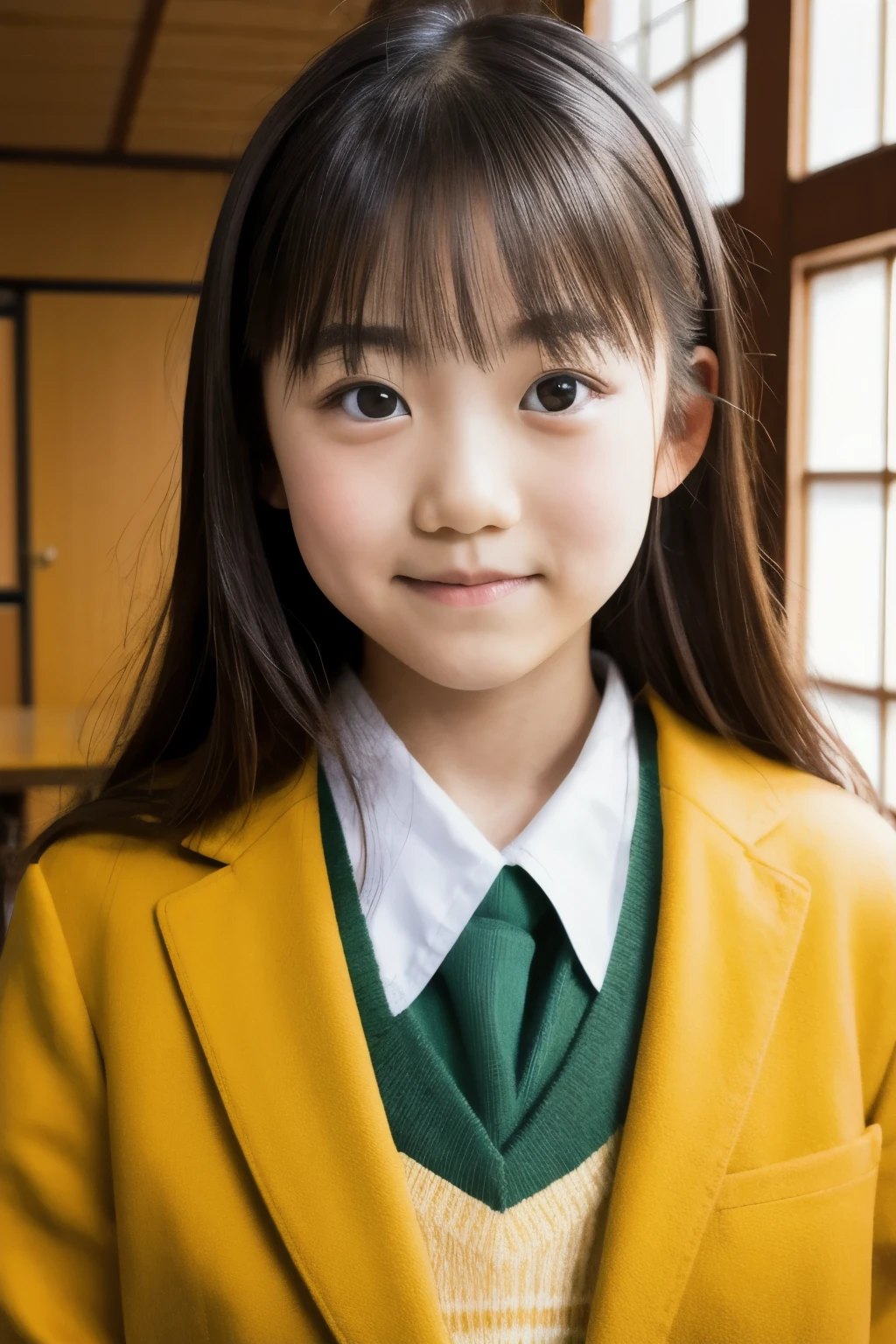 lens: 135mm f1.8, (highest quality),(RAW Photos), (Tabletop:1.1), (Beautiful 12 year old Japanese girl), Cute Face, (Deeply chiseled face:0.7), (freckles:0.4), dappled sunlight, Dramatic lighting, (Japanese School Uniform), (In the classroom), shy, (Close-up shot:1.2), (Serious face),, (Sparkling eyes)、(sunlight)