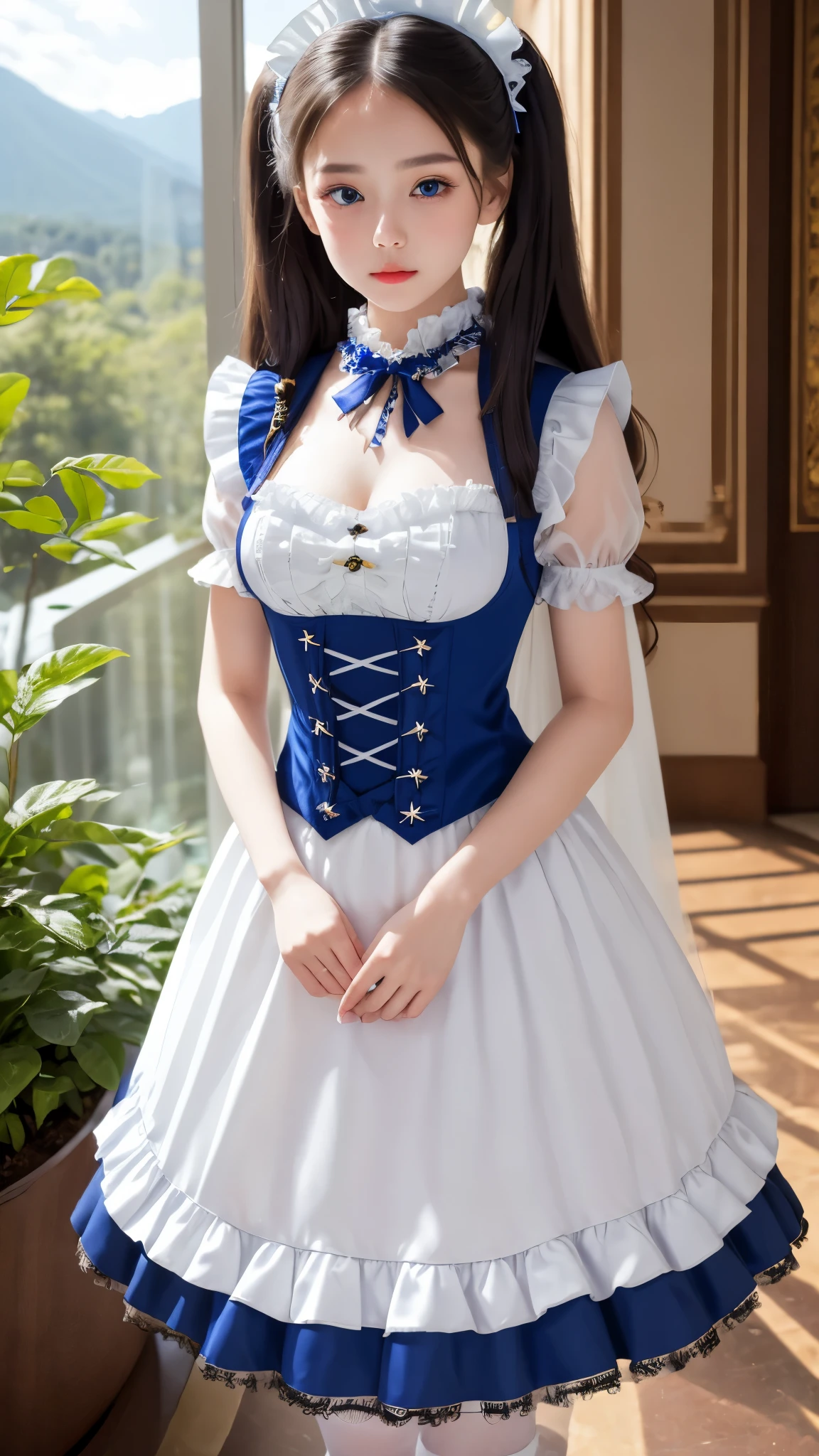 ((Real Photo Quality))、((masterpiece)), ((highest quality、Ultra high definition)), (Very detailed),8K、Photo quality、(((Amazingly cute girl))), 16-year-old girl, (Beautiful emerald blue eyes), (smile),Glossy lips、In the open-air bath overlooking the sea, Beautifully arranged black hair in twin tails、Lace fabric ribbon、whole body、((Super high-end white see-through summer gothic lolita maid costume、A super mini skirt with lots of frills))、Professional Lighting、(White lace knee-highore detailed and beautiful)、(More details and cutenesore realistic)、