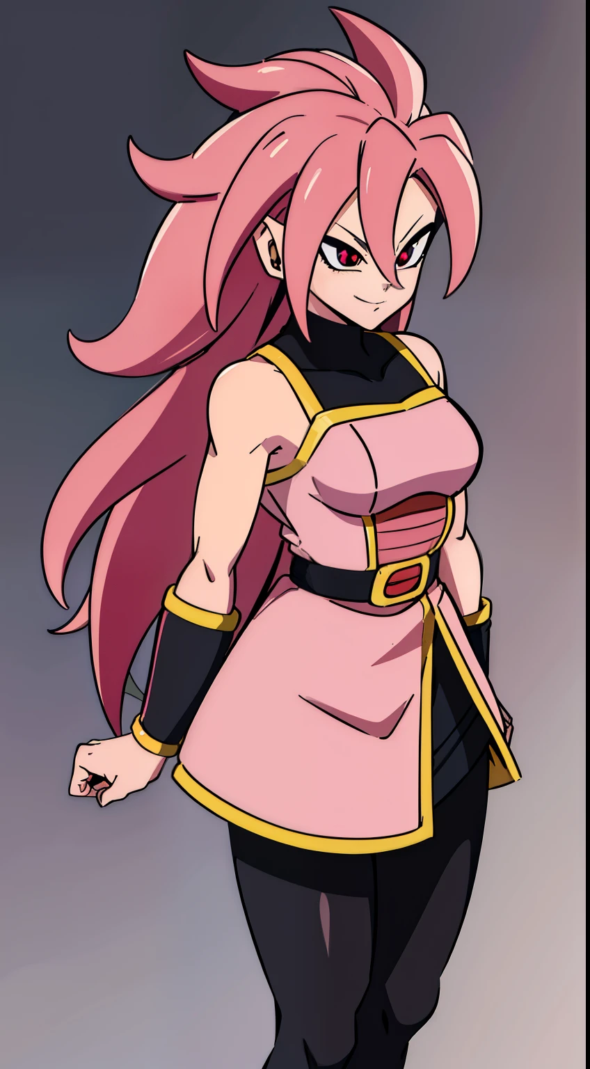 (high-quality, breathtaking),(expressive eyes, perfect face) Symmetrical Eyes, portrait, dragon ball z xenoverse 2, 1girl, female, alien, Majin Race, FMajin, Female Majin Buu, (pink skin:1.1), bubblegum pink skin color, red colored skin, smiling,(black sclera:1.2), red eyes, tentacle hair, brown and black saiyan armor, alien, M, shoulder holes, standing, no nose, grey background, long length hair, wavy hair, hair between eyes, belt, scouter, Gine Dragon Ball, wristband, black pantyhose
