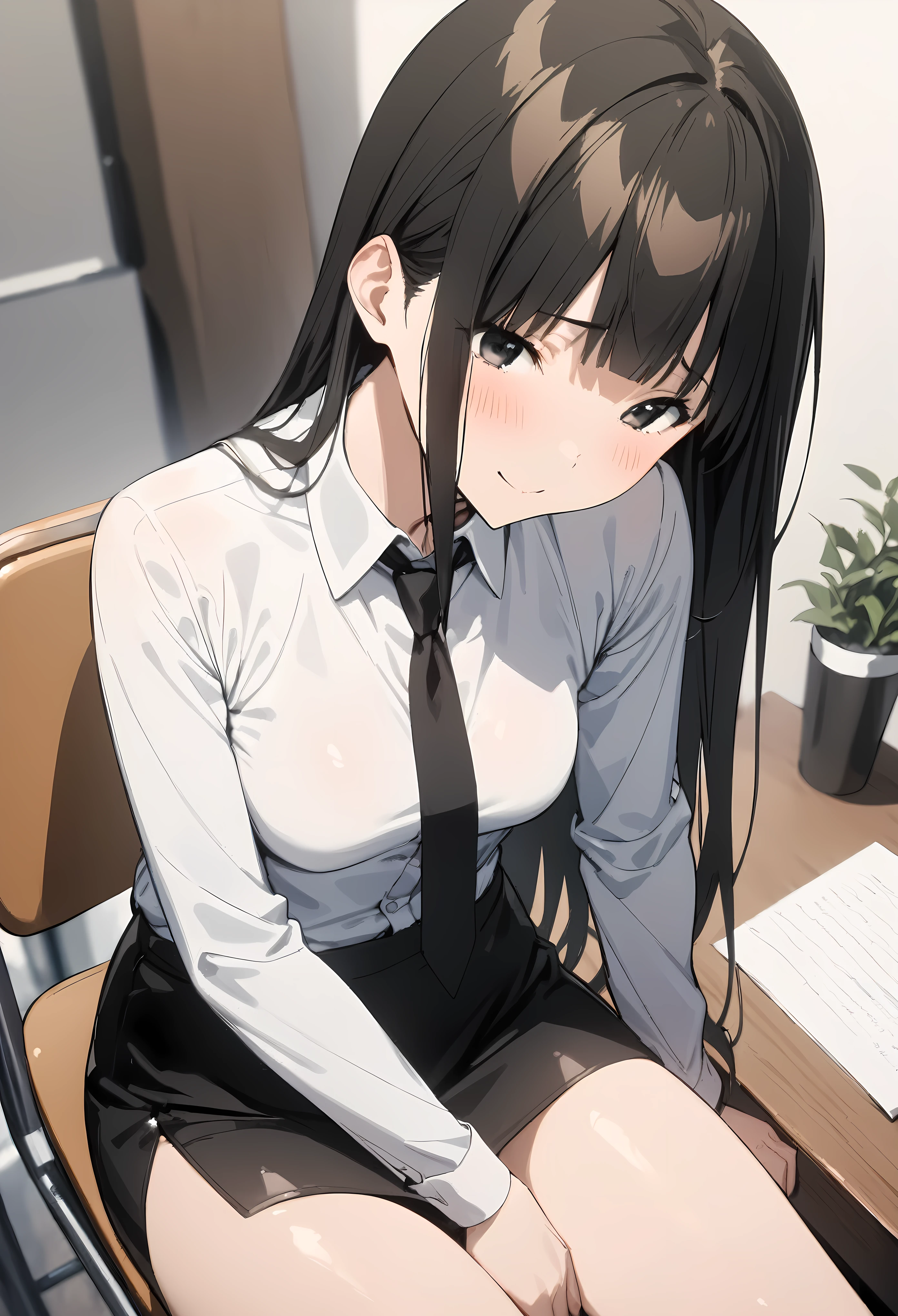 ((masterpiece, highest quality:1.3)),cowboy shot,25 year old beauty,solo,(very small head),black hair,long hair,black eyes,blunt,skinny,medium breasts,long body,slender body,skinny,shiny skin,oily skin,shy,smile,white formal shirt、Long sleeve、Black tie、Black tight mini skirt,White panties、sitting,Simple chair、Simple desk、Office、