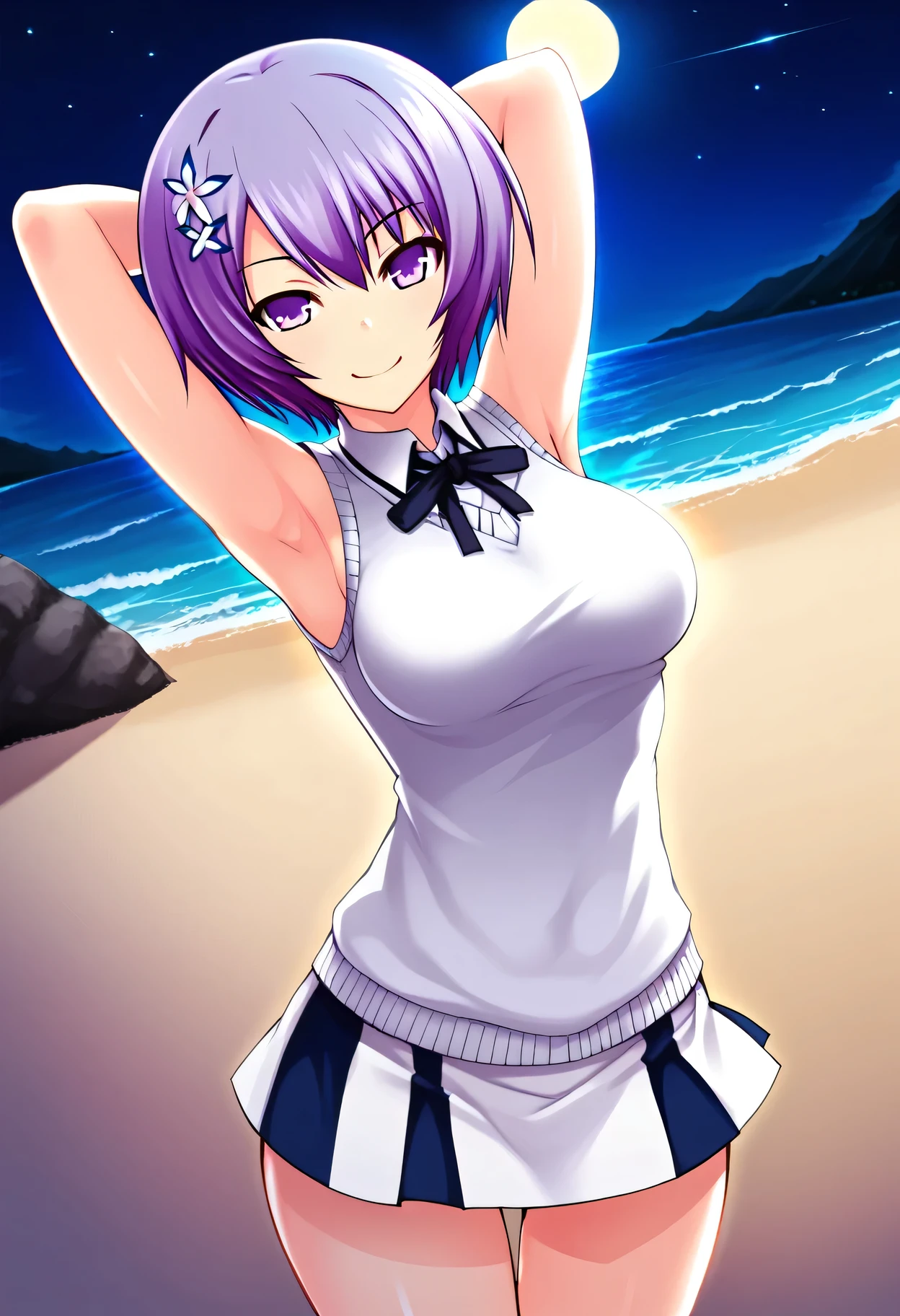 Shiina Miyako, purple hair, short hair, purple eyes, hair ornament, , short sleeves, white sweater vest, white shirt, white skirt, neck ribbon, black ribbon, high quality, solo, night sky, beach, arms behind head, contrapposto, closed mouth, spread armpits, (cowboy shot:1.5), looking at viewer, smile, best quality, smirk, sexy,