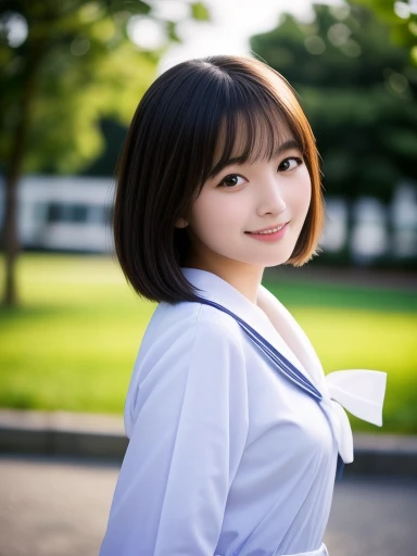 masterpiece, highest quality, High resolution, wallpaper, Realistic, Bright lighting, Professional Lighting, Face Light, Smooth lighting, Japanese Girls, ((Whole body 1.4)),Are standing, 15 years old,cute, smile, beautiful girl, gravure, sexy, so beautiful, Beautiful Skin, Beautiful and exquisite、Detailed face、slim、Moderate, short hair, (run and jump)、Schoolyard、Cheerfully、smile、skip、Teenage Girls Japanese Realisticな 10 generations Background Blur、Sailor suit、blue sky