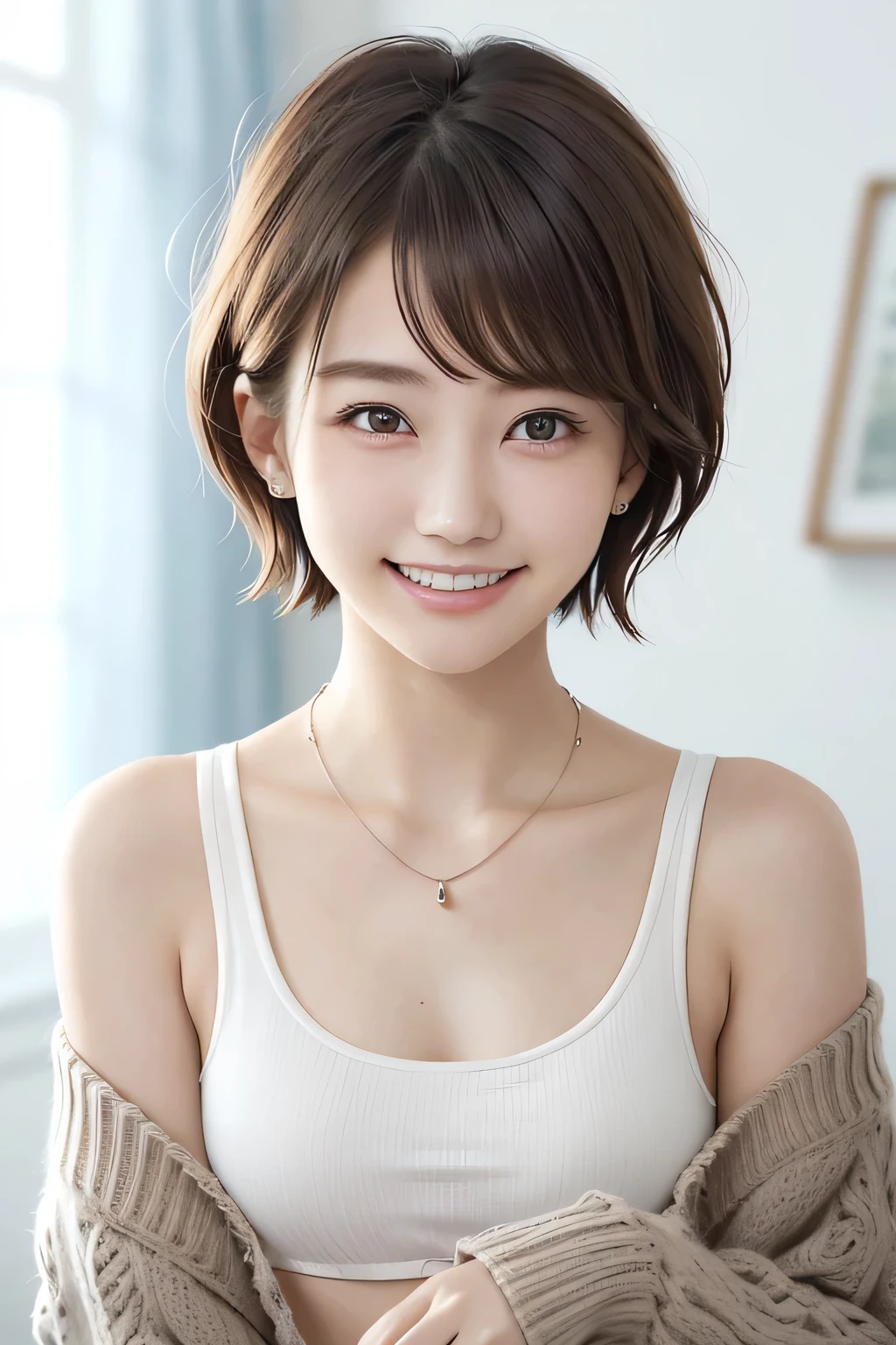 205 ((short hair)), 20-year-old female, In underwear、Put a cardigan over your shoulders、 A refreshing smile、Beautiful teeth alignment、Dark eyeliner、Dark brown hair、ear piercing、Necklace around the neck、Looking at the camera