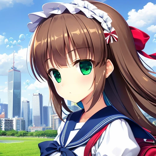 (highest quality,4K,High resolution),Super detailed,Realistic,Portraiture, Japanese , Green Eyes, Long brown hair,Anime Style,Futuristic, Frutiger Aero Aesthetics, Ecomodernism, Bokeh, Ribbon Headband,Small breasts,Futuristic sailor ta dress,Puffy sleeves,White and blue,Colorful lighting, Red ribbon, Navy blue pantyhose, School boots, school bag, School emblem, Floating bubbles, standing in a green field with Futuristic skyscrapers in the background, Tertiary color, Very detailed, 4K.