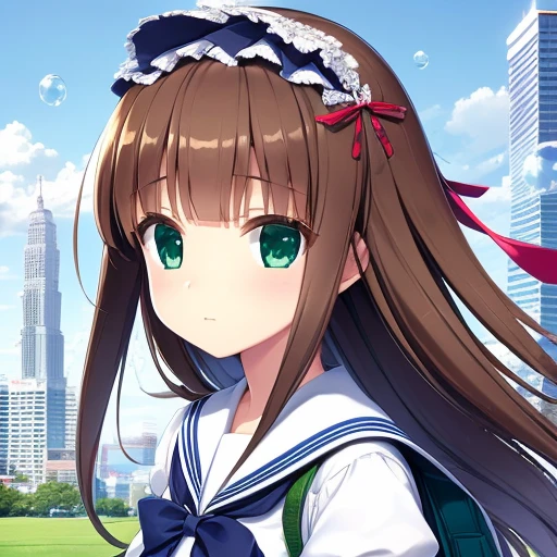 (highest quality,4K,High resolution),Super detailed,Realistic,Portraiture, Japanese , Green Eyes, Long brown hair,Anime Style,Futuristic, Frutiger Aero Aesthetics, Ecomodernism, Bokeh, Ribbon Headband,Small breasts,Futuristic sailor lolita dress,Puffy sleeves,White and blue,Colorful lighting, Red ribbon, Navy blue pantyhose, School boots, school bag, School emblem, Floating bubbles, standing in a green field with Futuristic skyscrapers in the background, Tertiary color, Very detailed, 4K.