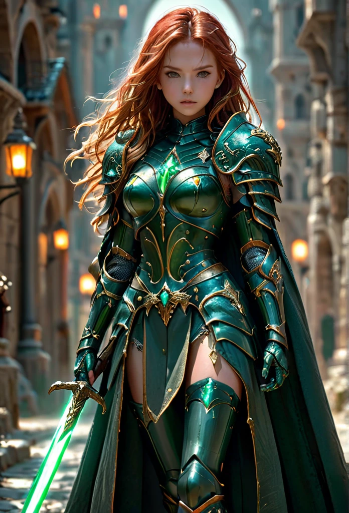 amazing quality, masterpiece, best quality, hyper detailed, ultra detailed, UHD, perfect anatomy, perfect body,perfect eyes,perfect face,perfect expression
model, stylish pose, wearing fantastic armor, green full body armor, cape, holding glowing great sword, runway, stone road, soft shades, red long hair, hand up, beautiful girl
HKStyle,
extremely detailed,