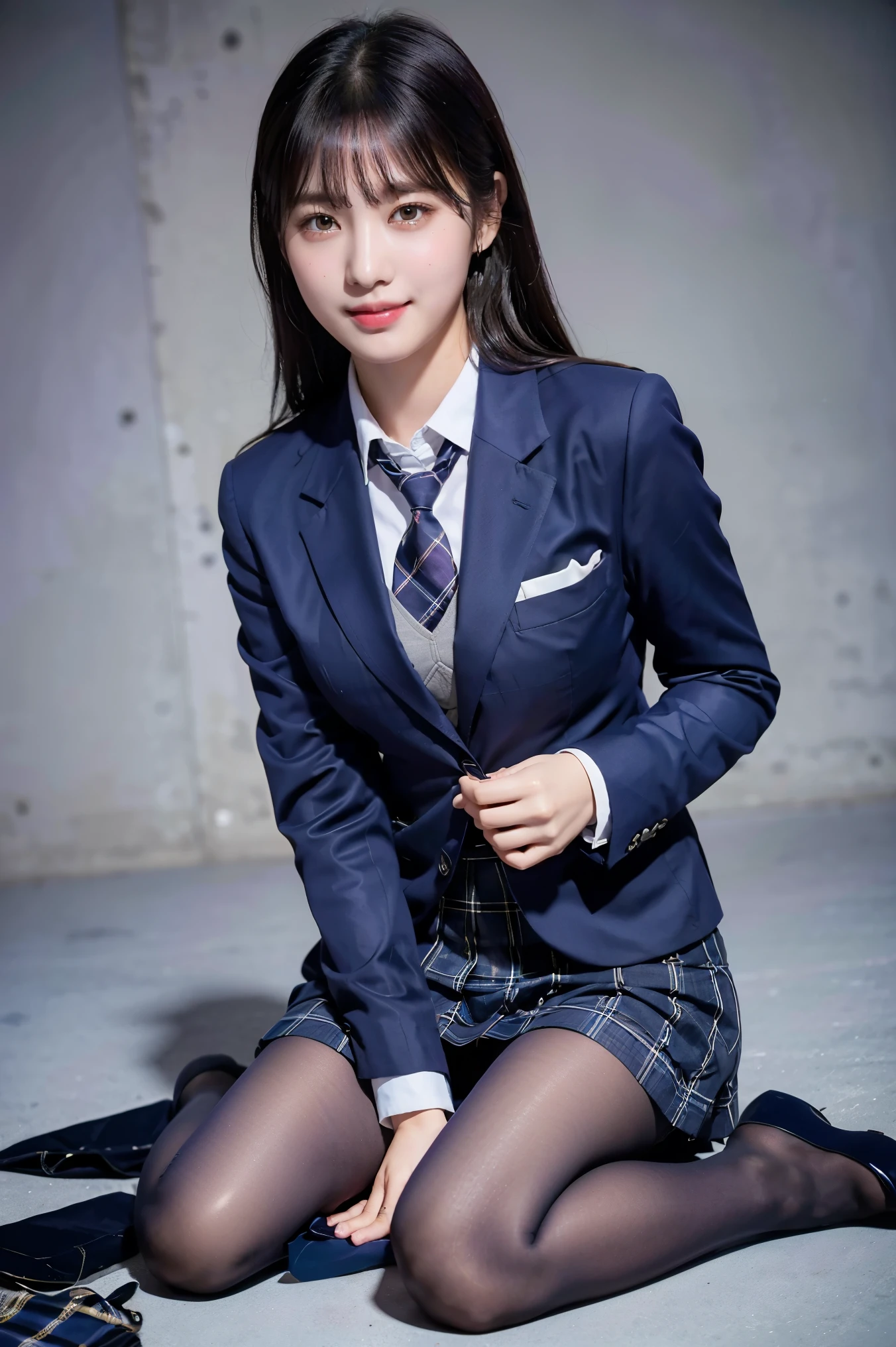 (8k), (highest quality: 1.2), (Realistic), (Realistic: 1.37), Ultra-high resolution, (1 girl), cute, blush,Embarrassed smile, Beautiful details, Beautiful Nose, Wet Hair, Giant Dulcefo, pork, Thighs，Self Snap,University Uniforms,(A simple navy blue blazer:1.4),(Pleated skirt:1.2),(The skirt and tie are gray tartan check pattern.:1.3),(Sitting:1), Sit on the ground,(Hold my feet:1),(shiny purple pantyhose :1.2),from the front,knees